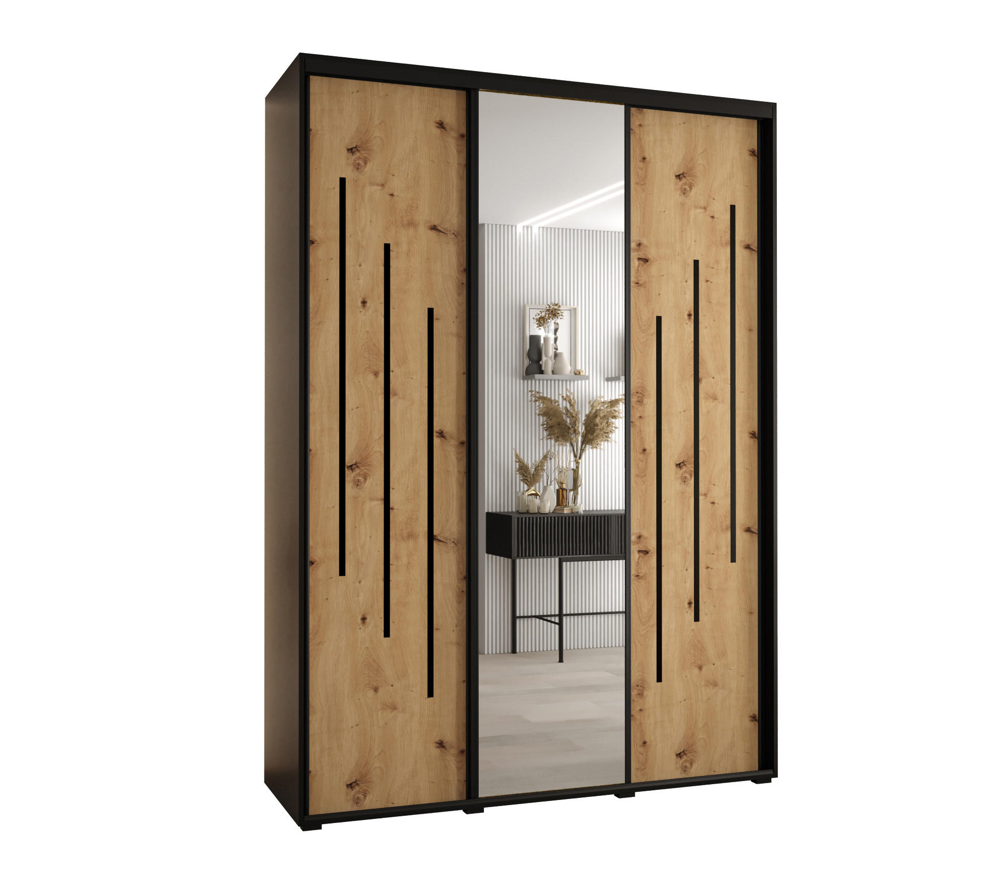 Abiks Möbel SCHWEBETÜRENSCHRANK Schwarz, Eiche Artisan, Schwarz 180cm × 45cm × 235cm