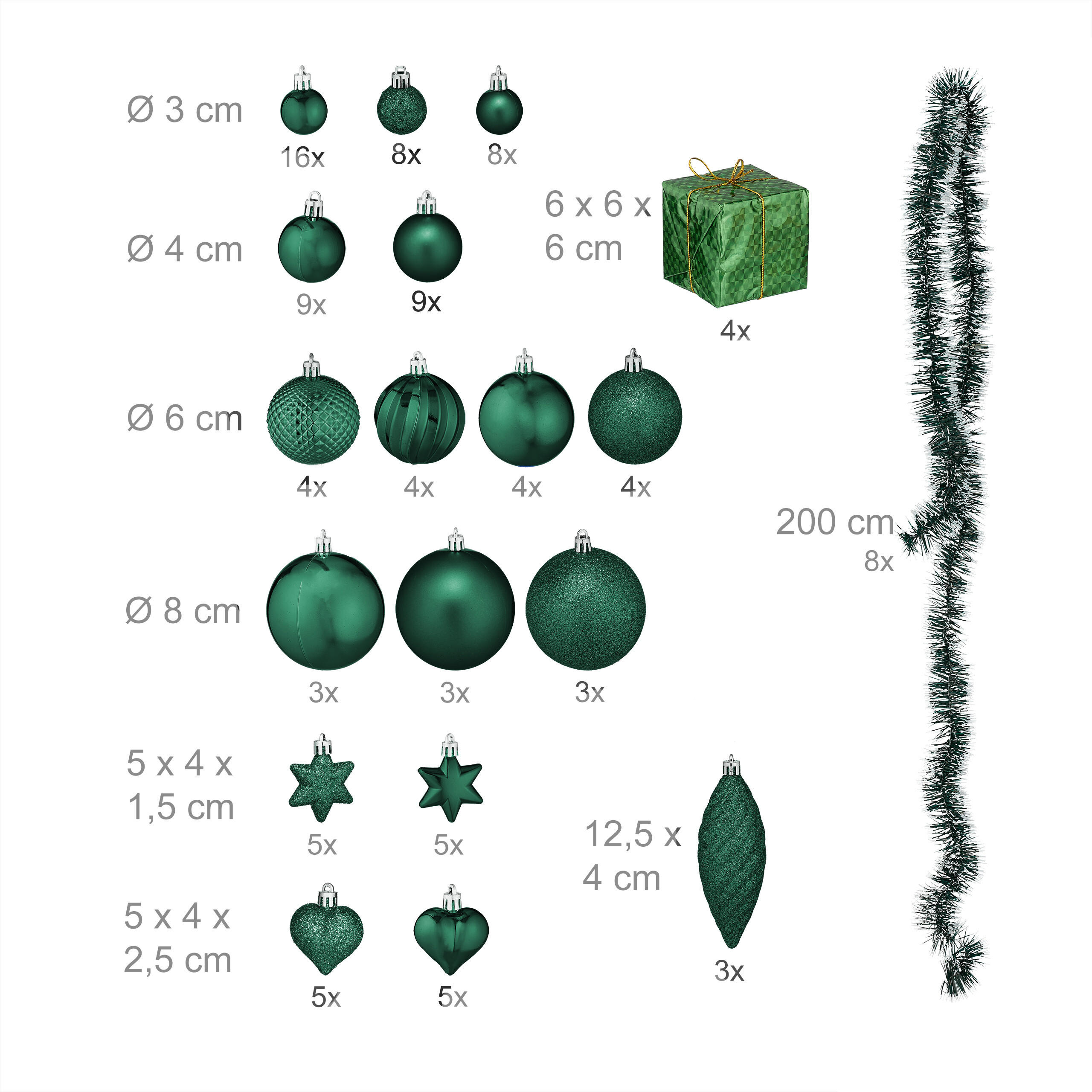 Thumbnail - Relaxdays 110-Tlg.weihnachtskugeln-Set, Dunkelgrün, Kunststoff, 8x9x8 cm, Dekoration, Weihnachtsdekoration, Weihnachtsba...