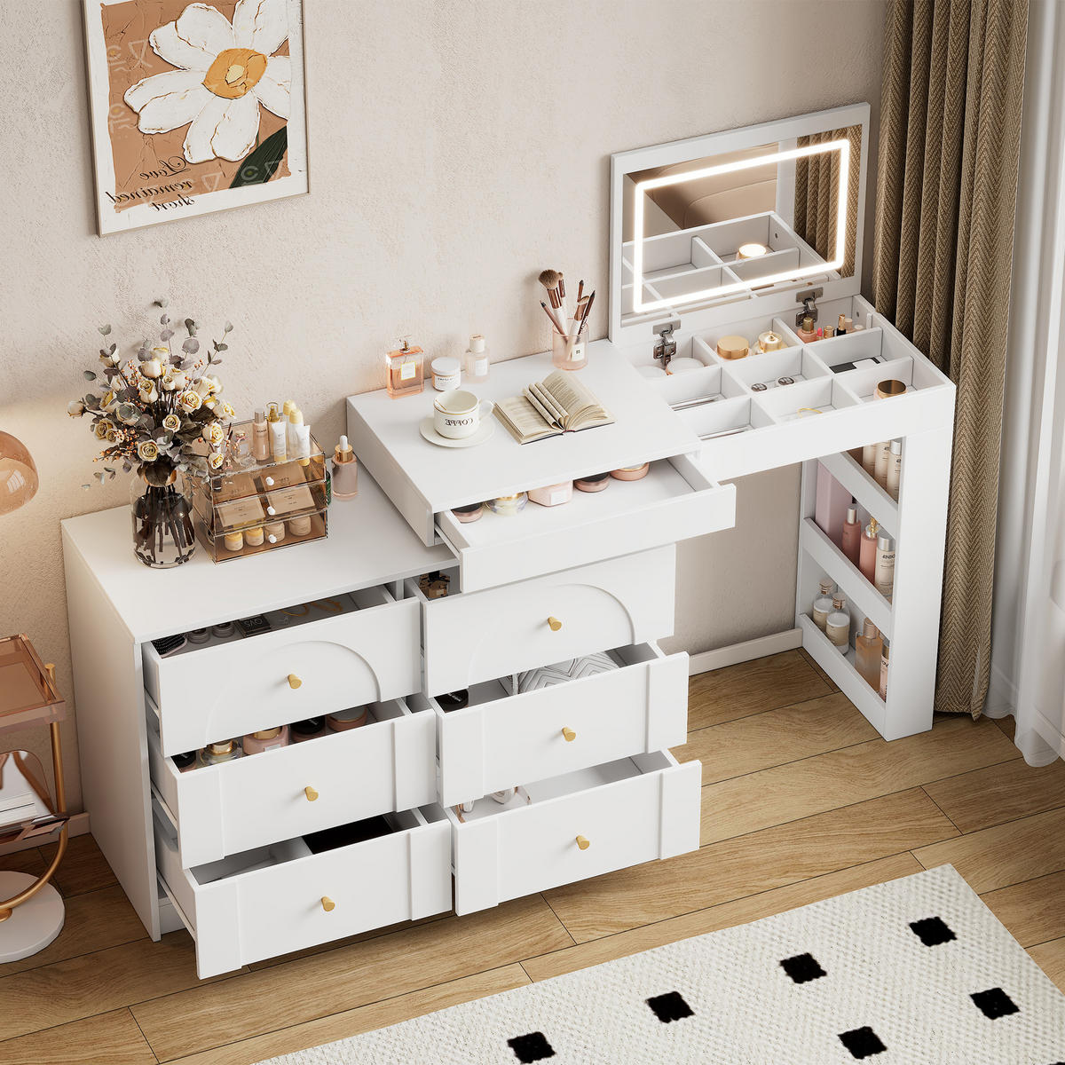 SCHMINKTISCH 2-in-1 Schreibtisch (drehbar) in Weiß mit LED-Spiegel & 7 Schubladen - Weiß, Holzwerkstoff (105/80/40cm) - Urban Meuble