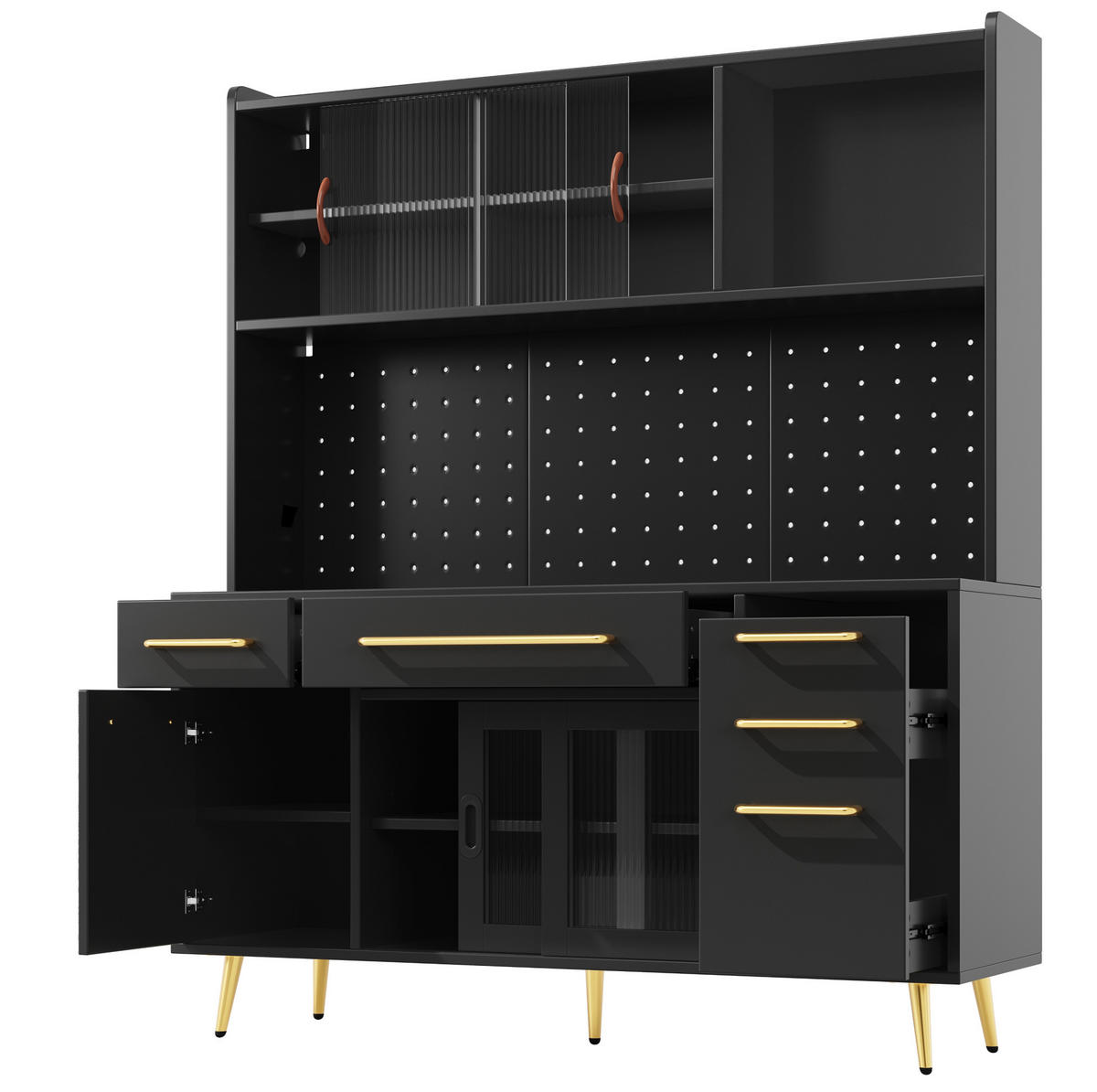SIDEBOARD z MDF a skla, 145/39/171 cm černý, s LED osvětlením - černá, kompozitní dřevo (145/171/39cm) - Modenvie