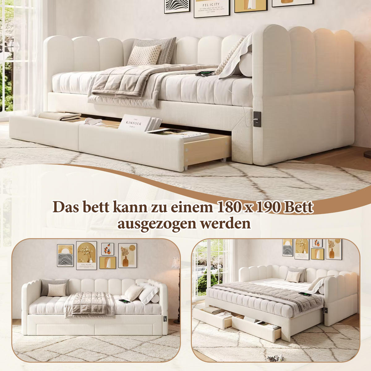 POLSTERBETT 90/190 cm beige aus Leinen mit Ausziehfunktion und USB-Anschluss - Weiß, Textil (90/190cm) - OKWISH