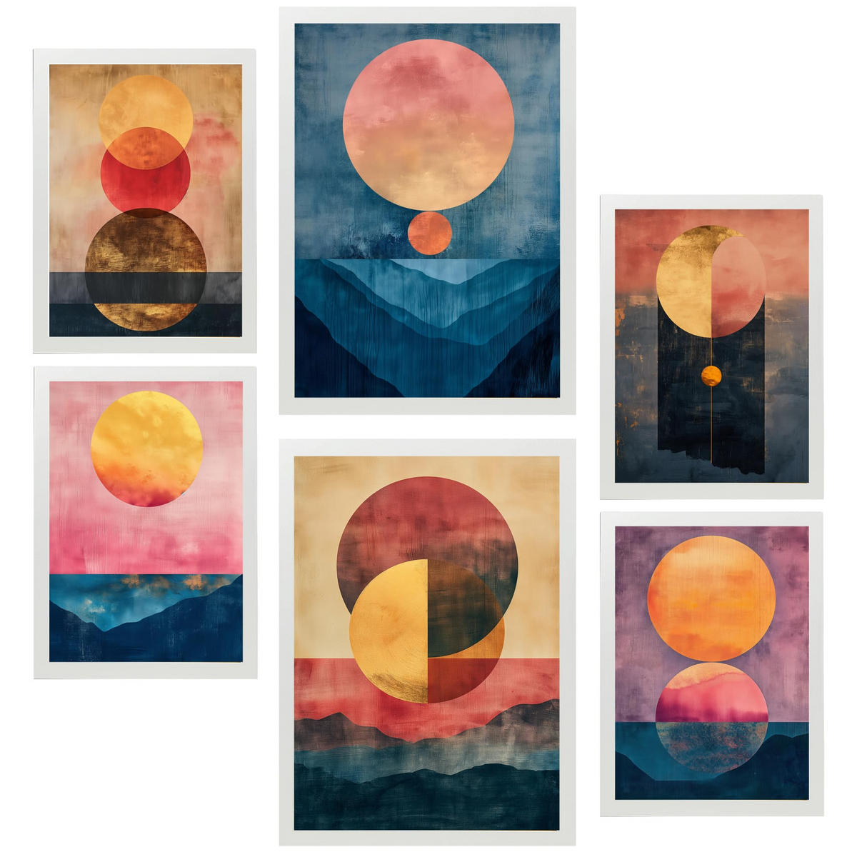 POSTER Set Mit 6 Abstrakte Goldmonde A3 & A4 Weißer Rahmen - Weiß, Papier (29/3cm) - Nacnic