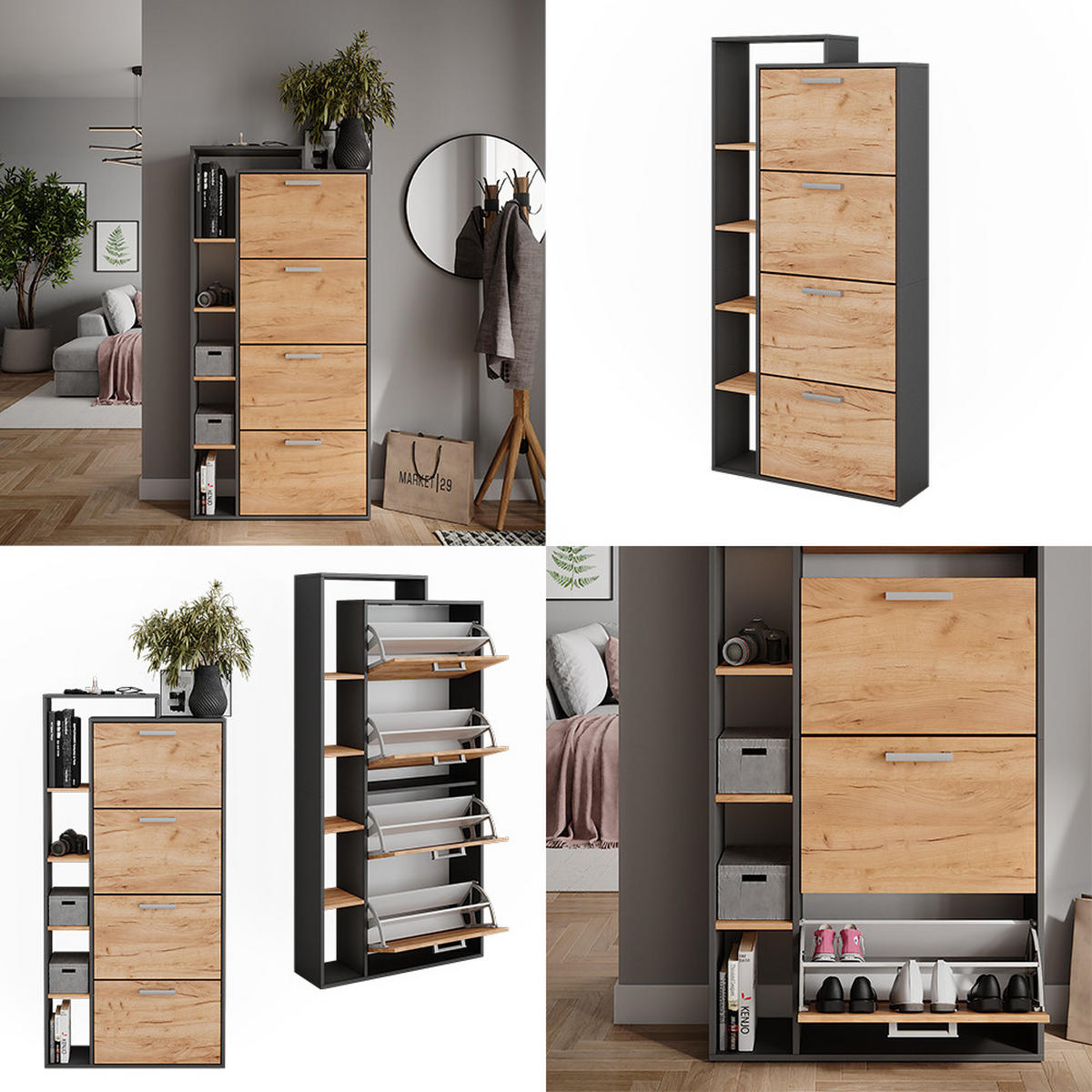 SCHUHKIPPER Orlando Goldkraft Eiche/Anthrazit 80 x 166.1 cm mit 4 Fächern - Anthrazit/Eiche Wotan, Holzwerkstoff (80/166.1/24.2cm) - Vicco