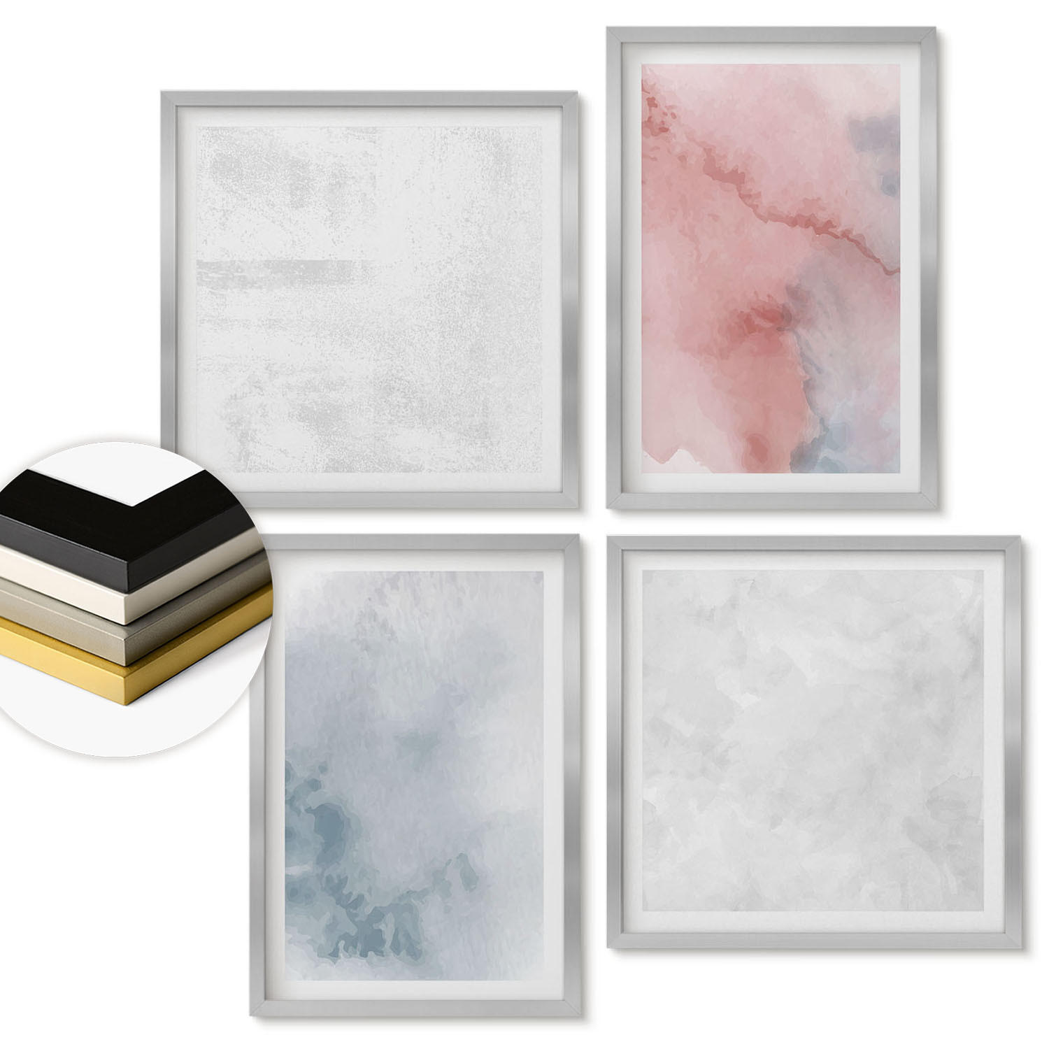 WANDBILDER 4er Set - 50x50 cm & 40x60 cm Silberner Rahmen - Pastellfarbene Aquarelltexturen - Silberfarben, Kunststoff (50/50cm) - ArtPrintCave