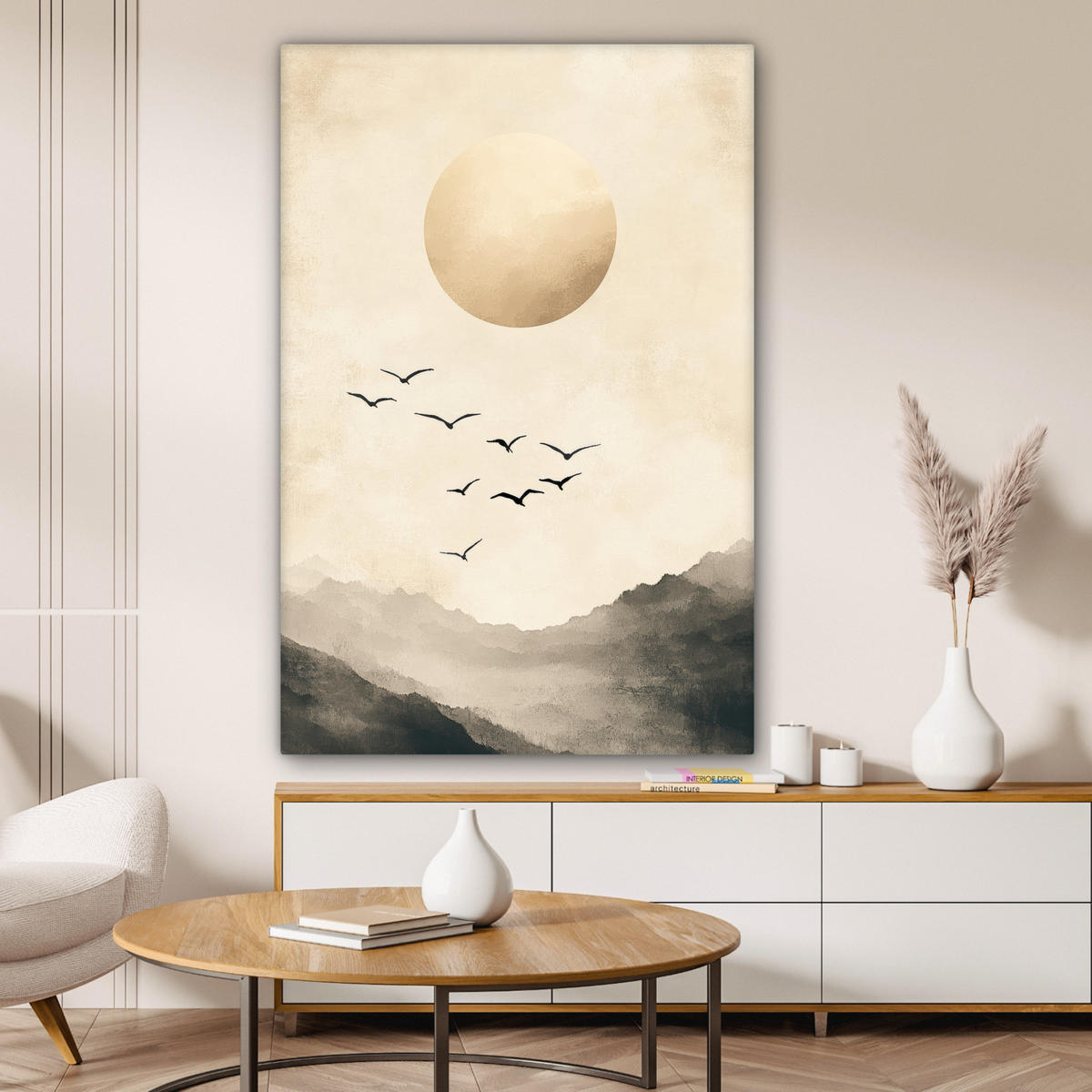 LEINWANDBILD Landschaft - Japandi - Vogel 80x120 cm - Beige, Textil (80/120cm) - MuchoWow