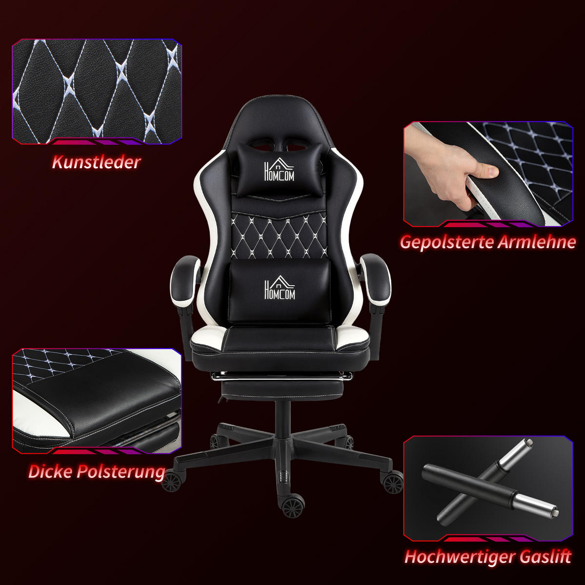 GAMING-STUHL Ergonomisch mit Lendenwirbelstütze, Fußstütze Grün - Schwarz, Kunststoff (64/128/65cm) - HOMCOM