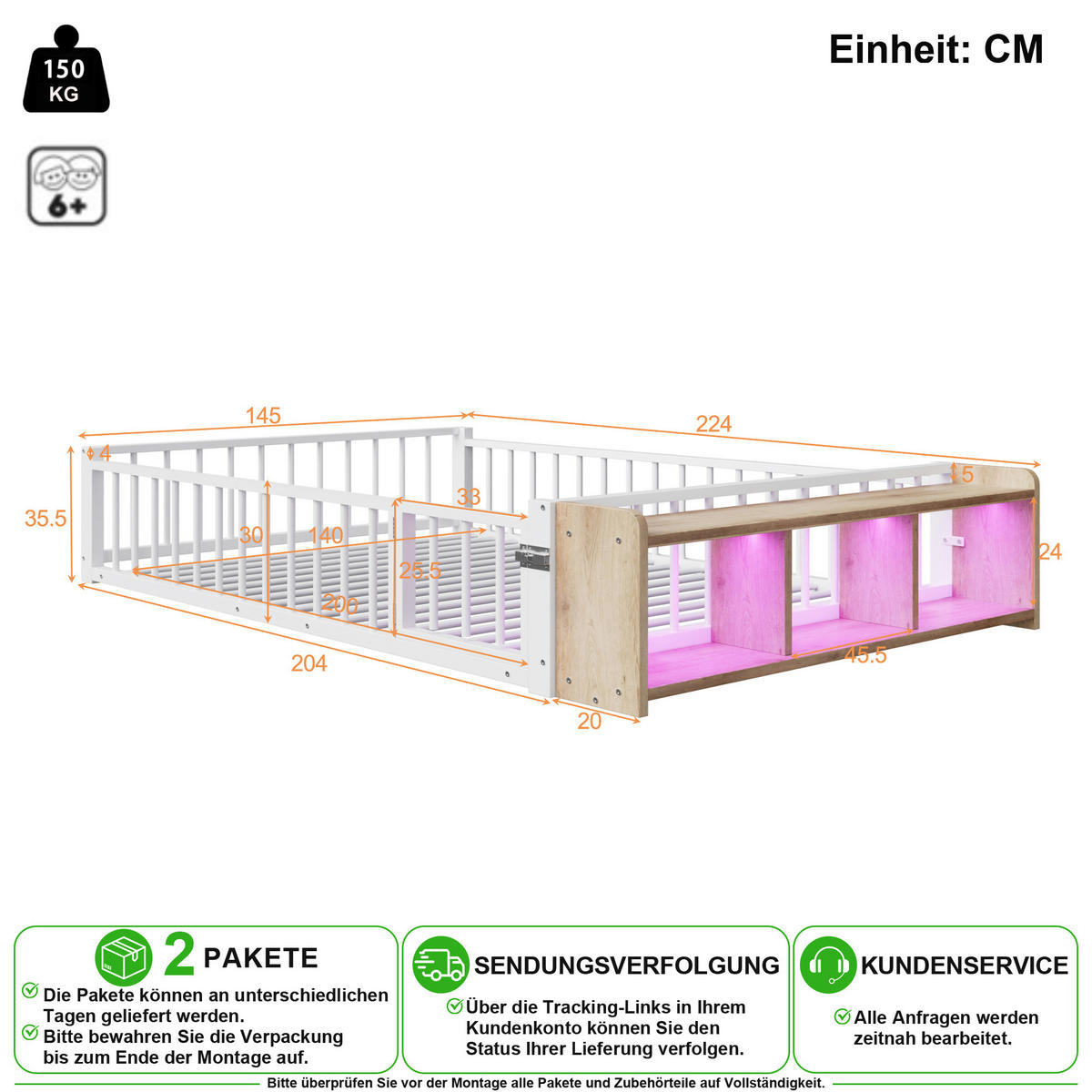 KINDERBETT 140/200 cm in Weiß mit Schutzgeländer, Ablage und LED - Weiß, Holzwerkstoff/Metall (140/200cm) - CHICFURN