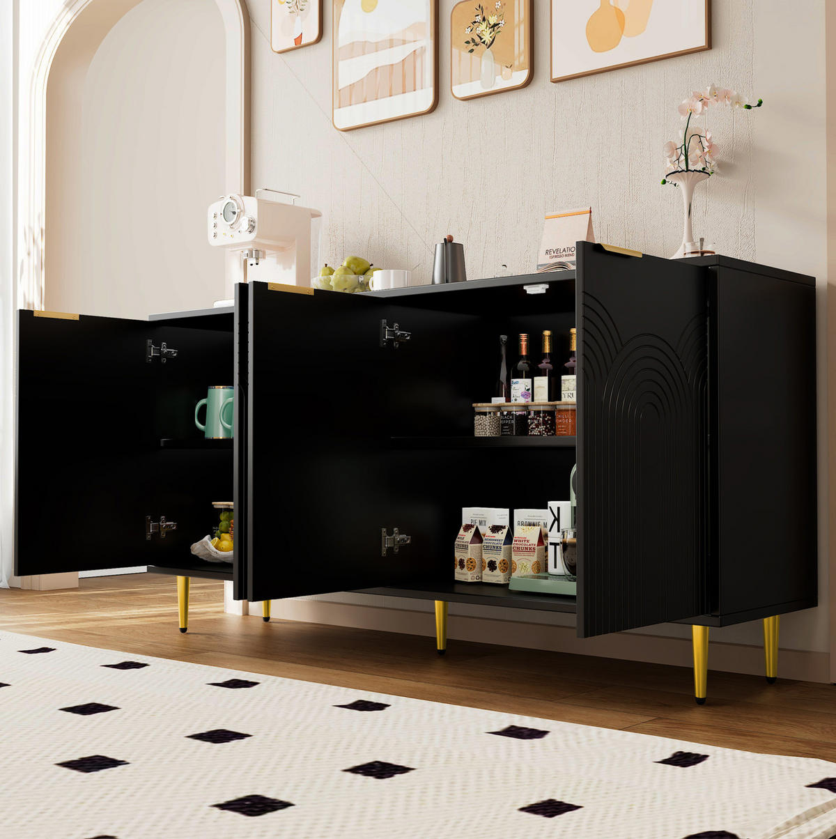 SIDEBOARD 160/40/80 cm aus MDF und Spanplatte mit 4 Türen Schwarz - Schwarz, Holzwerkstoff (160/80/40cm) - Modenvie