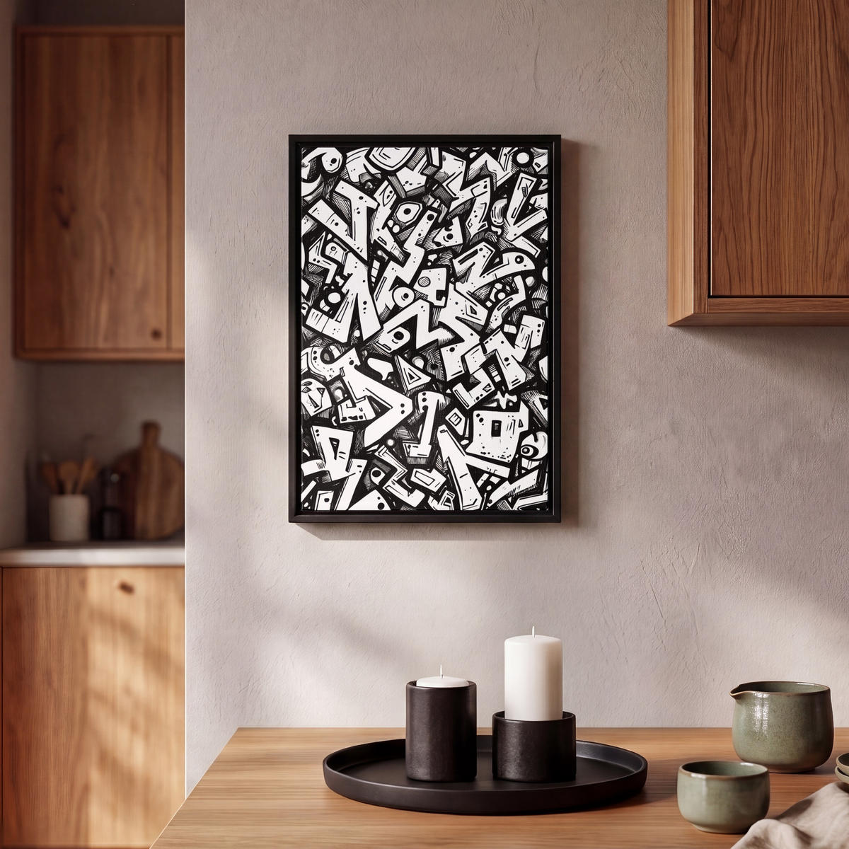 LEINWAND Bilder mit Rahmen - Formen - Buchstaben - Graffiti - Schwarz - 20x30 - Schwarz, Textil (20/30cm) - MuchoWow