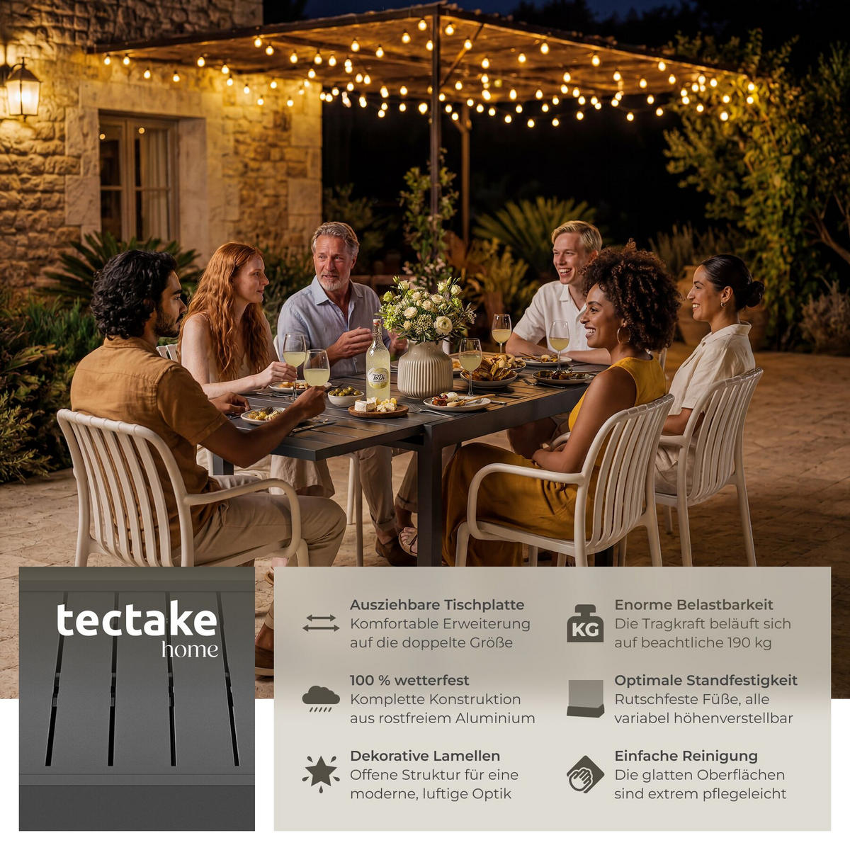 GARTENTISCH aus Aluminium Campos, 80–160 x 80 x 75 cm, dunkelgrau - Dunkelgrau, Metall (80/160/75cm) - tectake