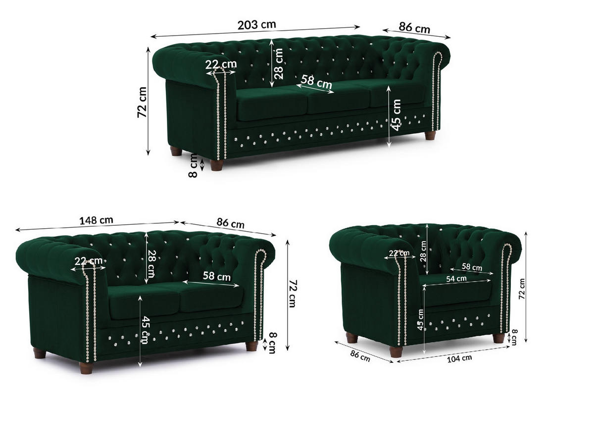 SITZGARNITUR 3+2+1 Chesterfield Cleo Blink Flasche Grün Samt mit Kristallsteppung und braunen Massivholzfüßen - Braun/Grün, Holz/Textil (203/72/86cm) - S-Style Möbel