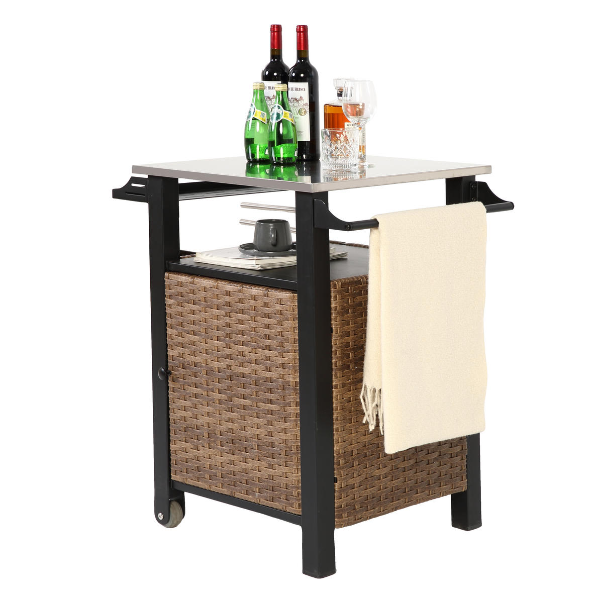 ZAHRADNÍ ODKLÁDACÍ STOLEK 76 cm, hnědý – venkovní servírovací vozík s nerezovou deskou a kolečky - hnědá, kov (57/76/85cm) - Urban Meuble