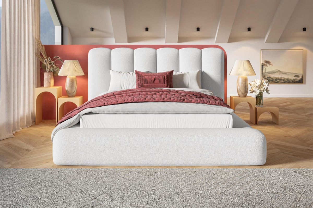 BETT 140x200 - Polsterbett mit Bettkasten und Metallrahmen - Modern Bett - Eleganter Catch Me-Stoff - Kollektion Alva Maxi - Weiß - Weiß, Holz/Textil (140/200cm) - Alpi-Möbel