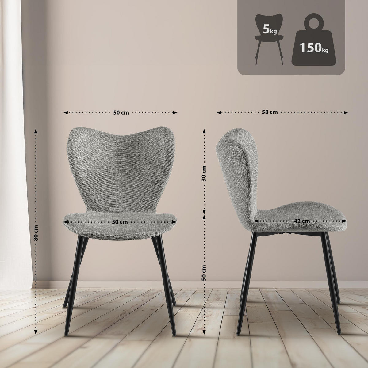 ESSZIMMERSTUHL Stoff Grau - Schwarz/Grau, Textil/Metall (50/80/58cm) - CLP