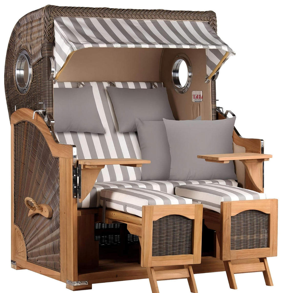 STRANDKORB Düne Grande Bullauge Teak PE Grey Dessin 513 - Braun/Grau, Metall (142/170/95cm) - Mr. Deko