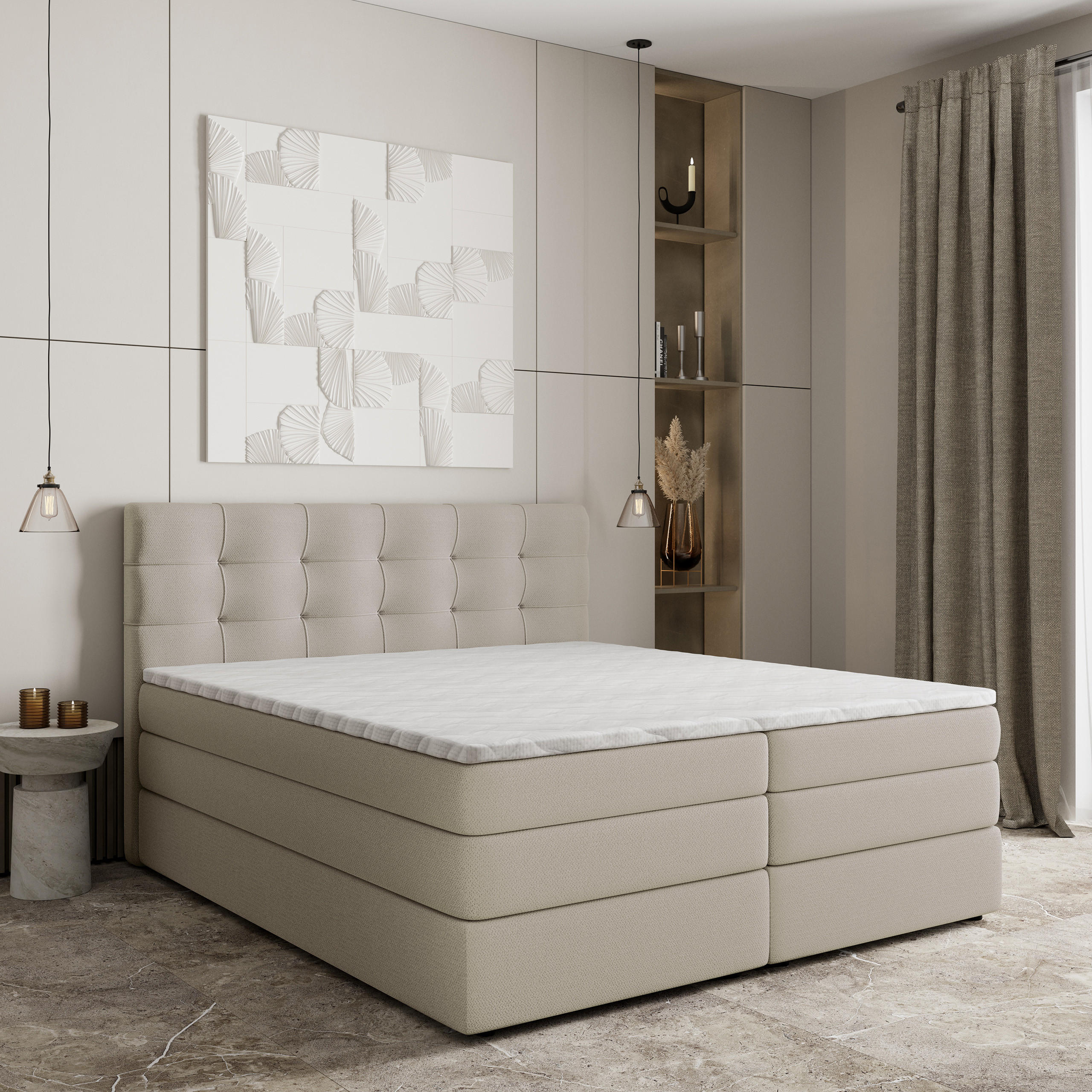 BOXSPRINGBETT AREZI 140x200 cm mit Matratze und Topper - Beige - Beige, Holz (140/200cm) - MASSENO