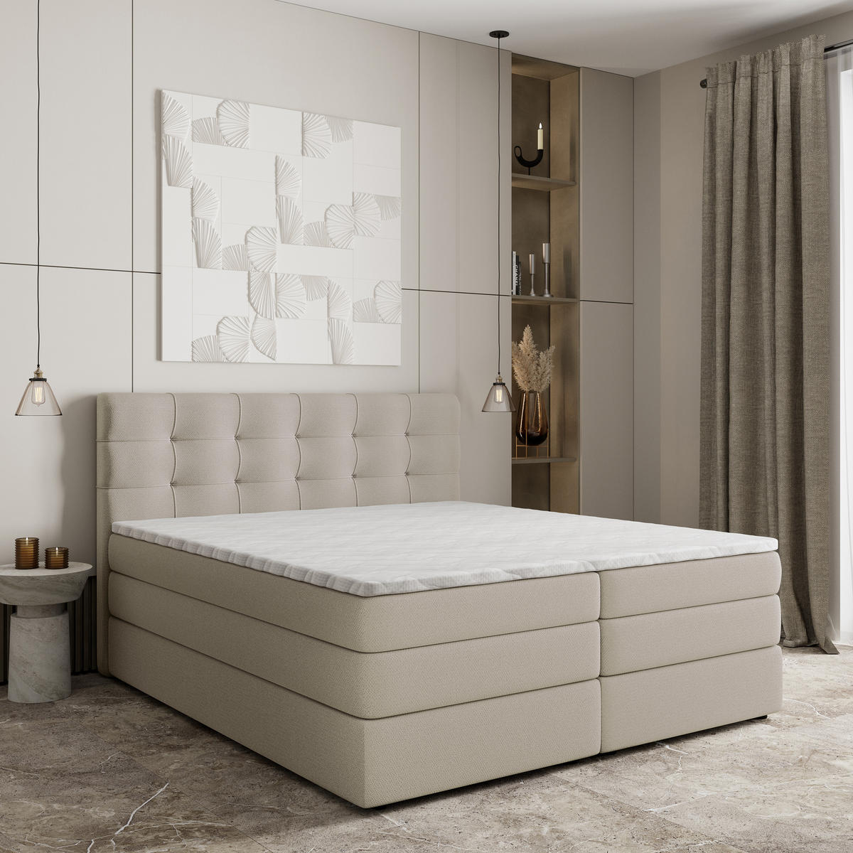 BOXSPRINGBETT AREZI 160x200 cm mit Matratze und Topper - Beige - Beige, Holz (160/200cm) - MASSENO