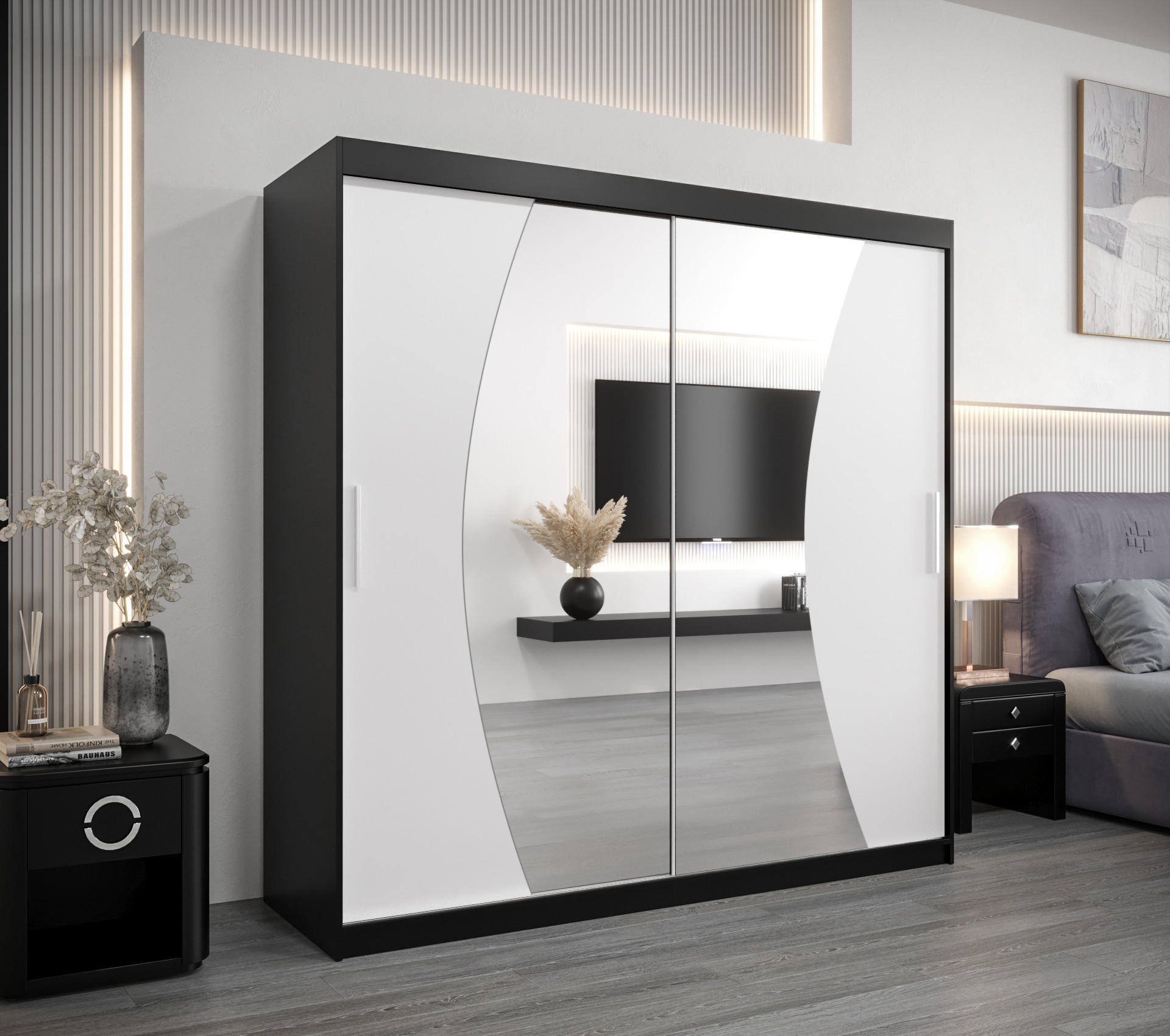 SCHWEBETÜRENSCHRANK 200/200/62 2-türig - Silberfarben/Schwarz, Holz/Kunststoff (200/200/62cm) - Abiks Möbel