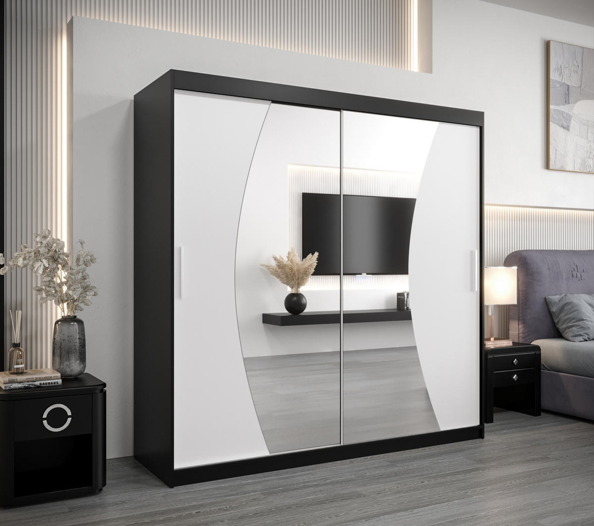 SCHWEBETÜRENSCHRANK 200/200/62 2-türig - Silberfarben/Schwarz, Holz/Kunststoff (200/200/62cm) - Abiks Möbel