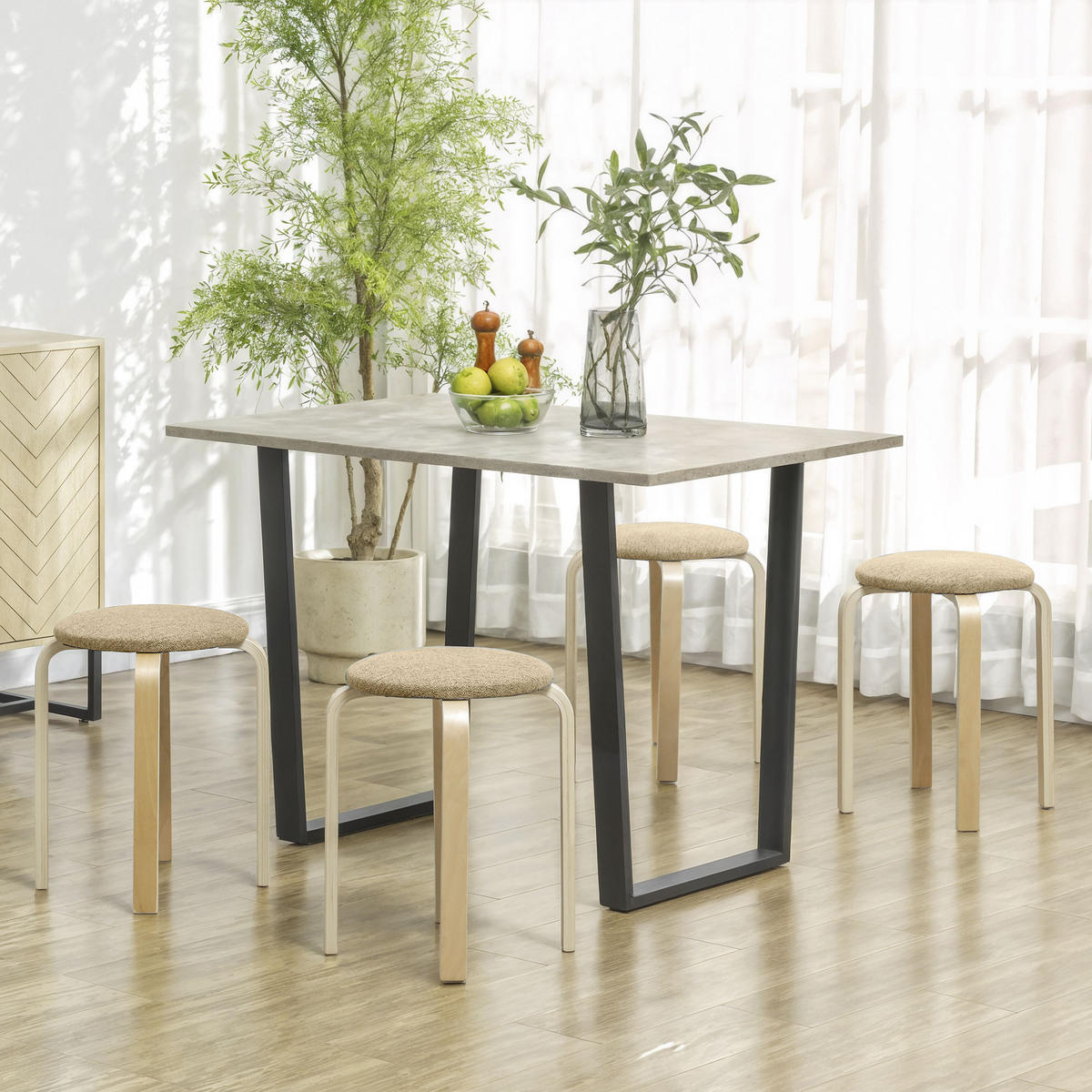 HOCKER 4er Set Holzwerkstoff Polyester Khaki - Naturfarben/Braun, Birkenholz/Holzwerkstoff (40/45/40cm) - HOMCOM