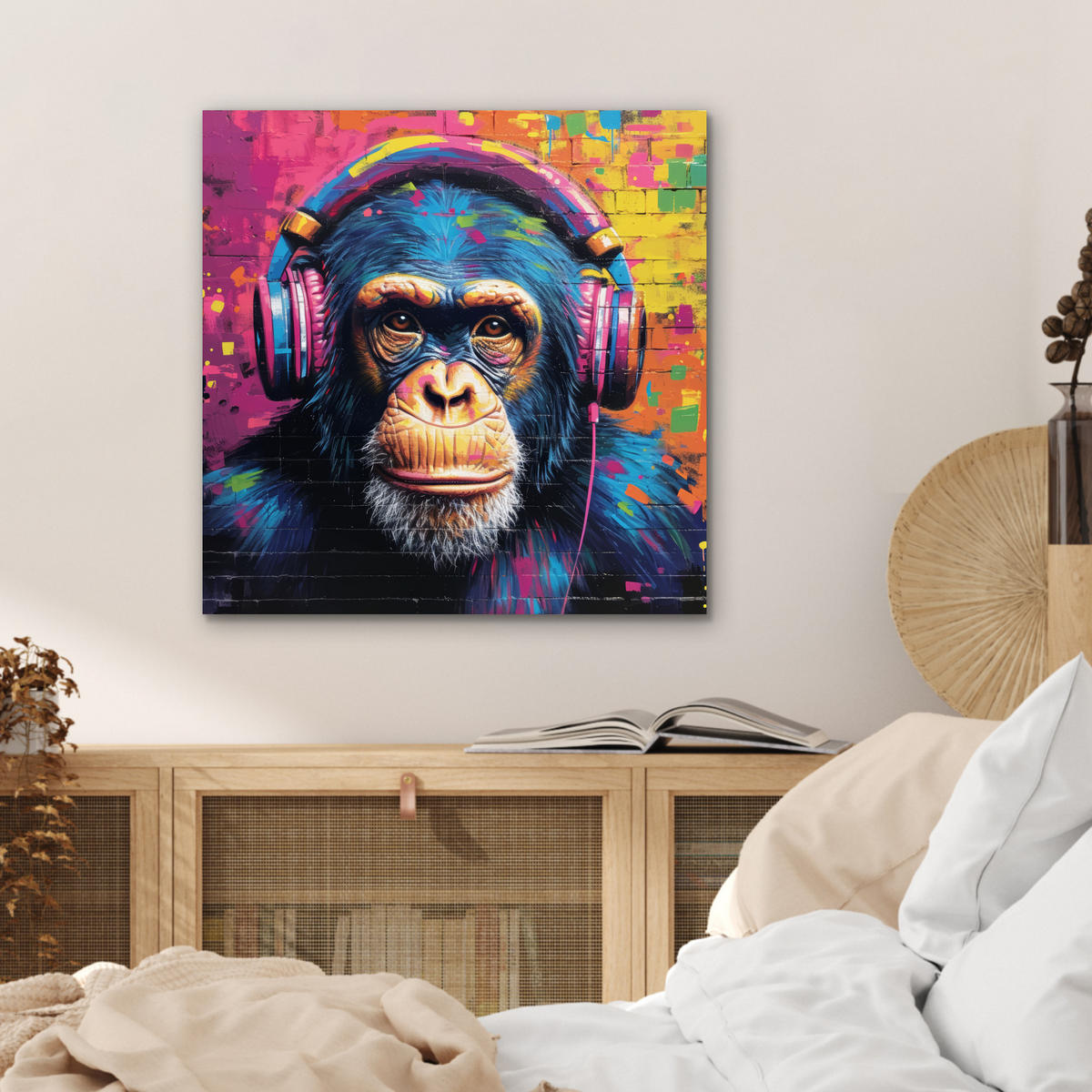 KOVOVÝ OBRAZ Graffiti - Šimpanz - Street art - Slúchadlá - Opica 50x50 cm - modrá, kov (50/50cm) - MuchoWow