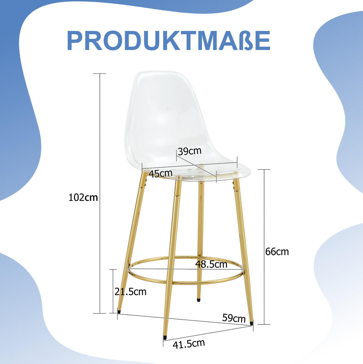 BARHOCKER 2er-Set 66 cm Transparent mit Metallgestell Gold - Goldfarben, Metall (48.5/102/48.5cm) - Meubliv