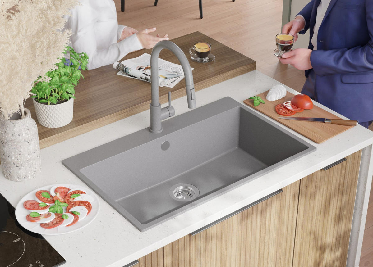 GRANITSPÜLE Riga, 2-er set Grau 78/50 cm 1 Becken + Küchenarmatur 32/20 cm + Ablauf-Set ab 80er Unterschrank - Chromfarben/Grau, Kunststoff (78/20/50cm) - Primagran