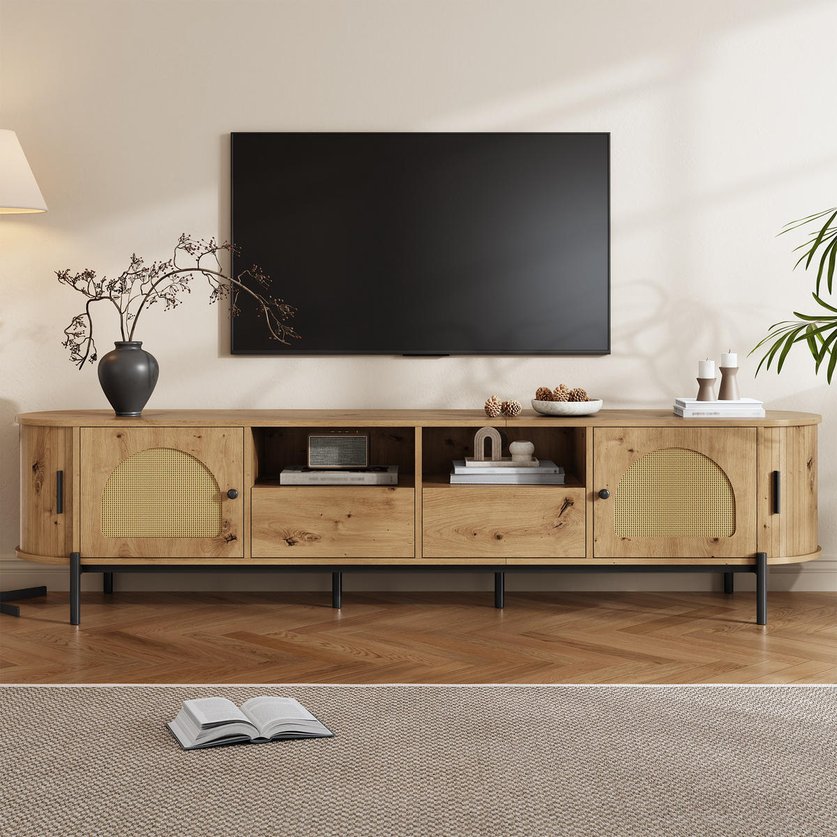 TV-SCHRANK oval Rattan Holzoptik - Naturfarben, Holzwerkstoff (200/49.5/40cm)