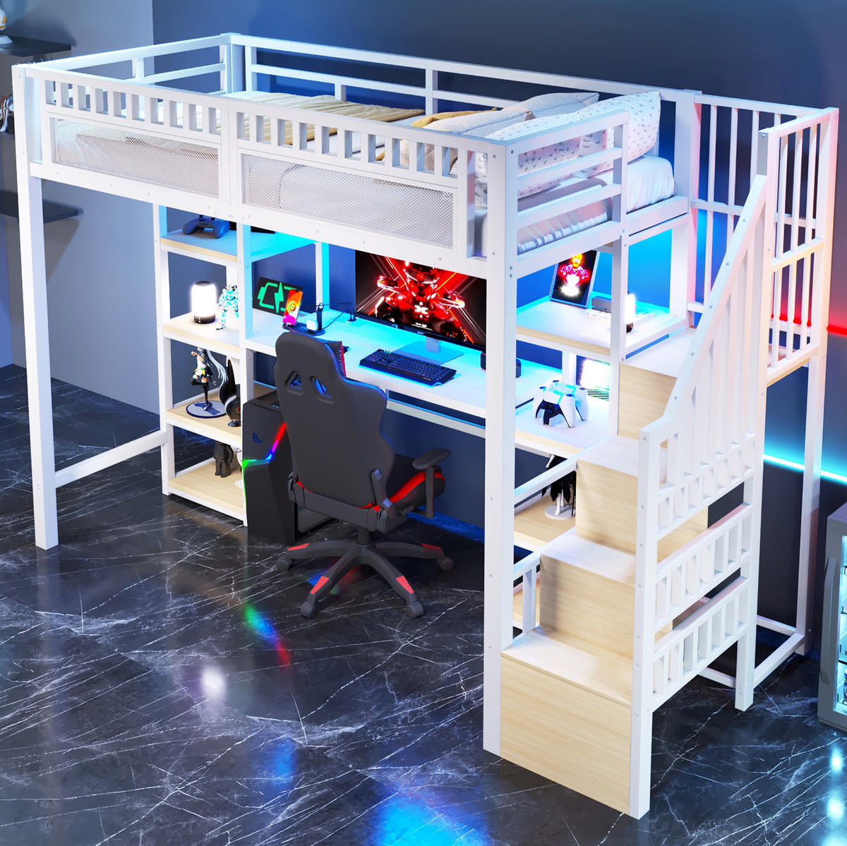 HOCHBETT 90/200 cm weiß aus Metall/MDF mit LED-Schreibtisch - Weiß, Metall (90/200cm) - OKWISH