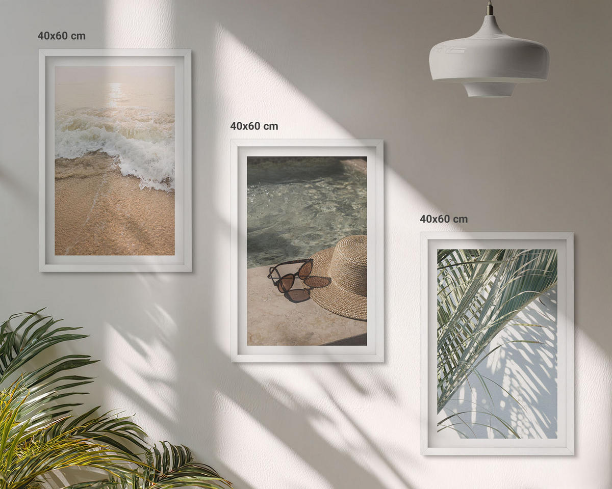 WANDBILDER 3er-Set - 40x60 cm Weißer Rahmen - Strandhut und Sonnenbrille - Weiß, Kunststoff (40/60cm) - ArtPrintCave