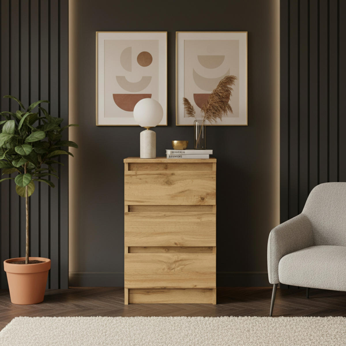 SIDEBOARD SOLA KOM3-3S Schubladen Eiche Wotan - Eiche Wotan, Holzwerkstoff/Kunststoff (40/69/43cm) - Komodee