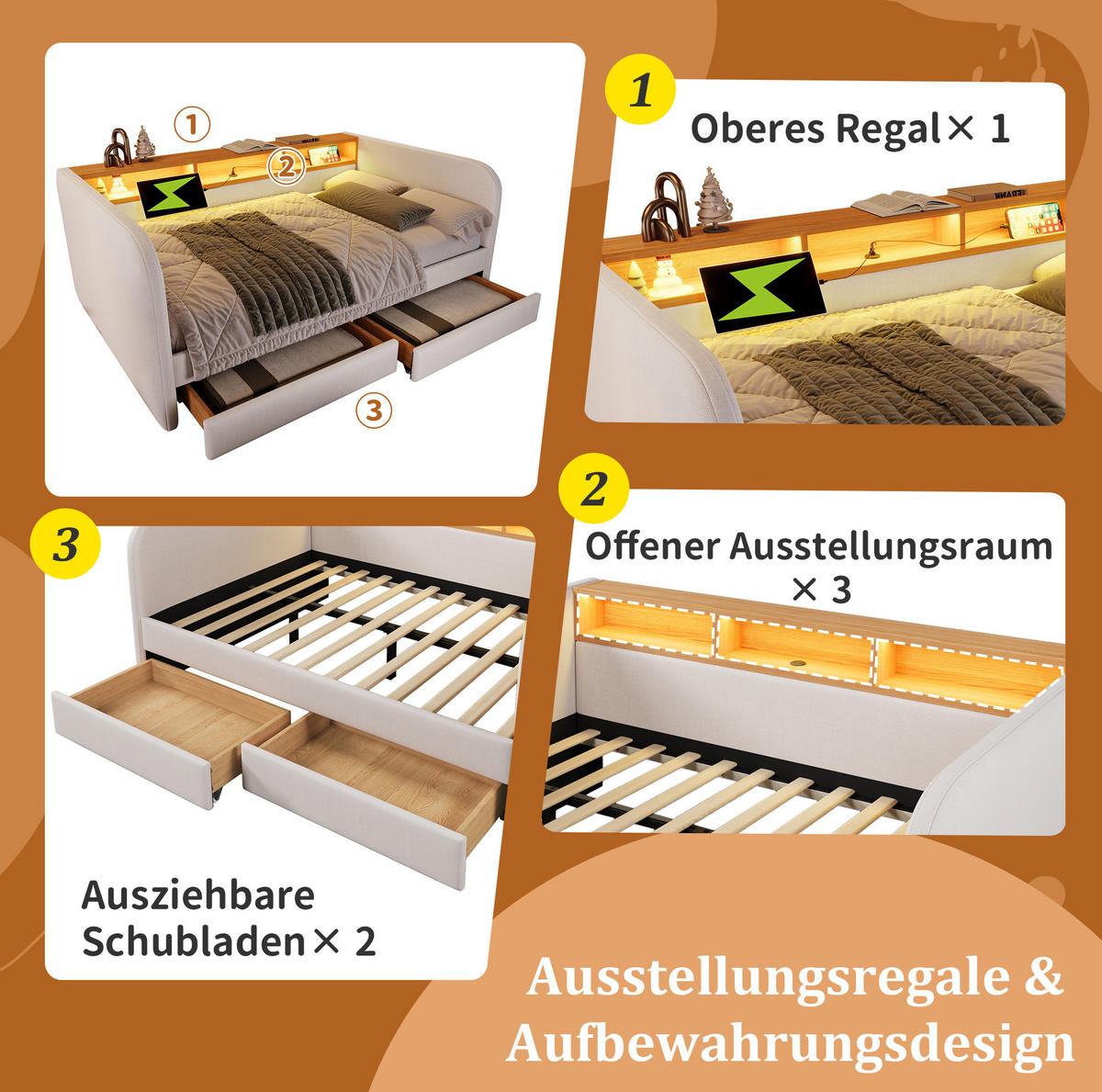 POLSTERBETT 140/190 cm in Hellbeige mit LED-Beleuchtung und Stauraum - Beige, Textil (140/190cm) - Flora Grace