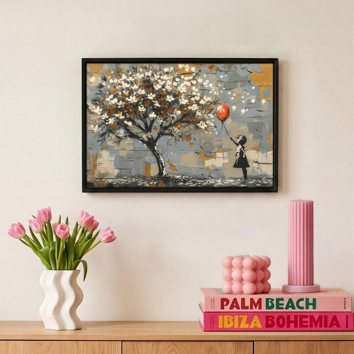 LEINWAND Bilder mit Rahmen - Baum - Graffiti - Banksy-Stil - Ballon-Mädchen - 30x20 - Blaugrau, Textil (30/20cm) - MuchoWow