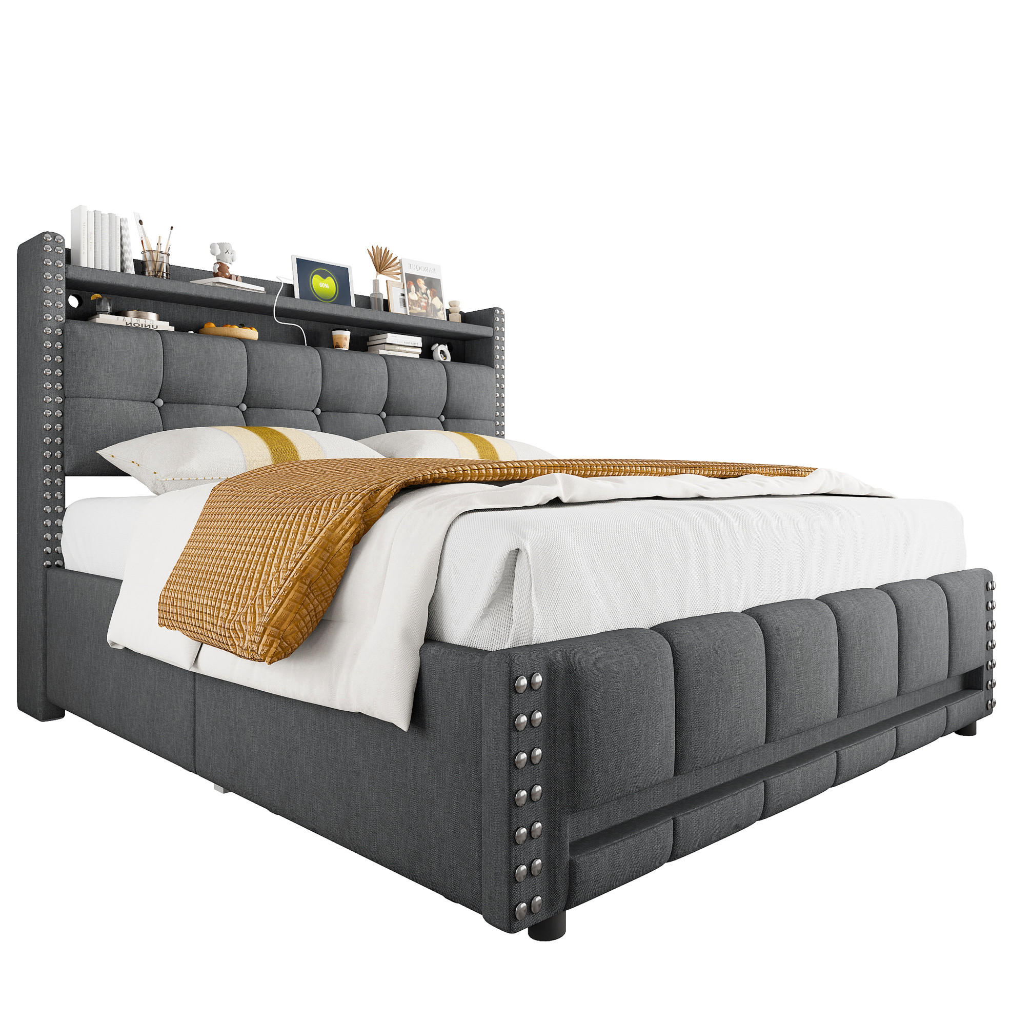 POLSTERBETT 160/200 cm mit LED-Beleuchtung, USB-Anschluss und Kopfteil mit Ablagen und Stauraum, aus Leinenstoff, Grau - Grau, Textil (160/200cm) - Redom