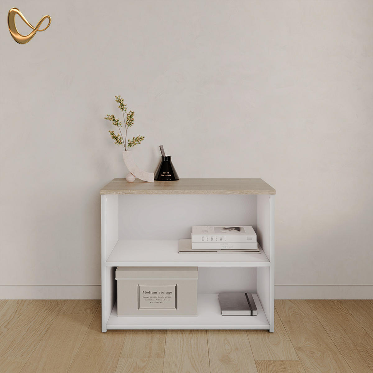 LOWBOARD Piave Weiß/Sonoma 60 x 50 cm mit 2 Fächern - Weiß/Sonoma Eiche, Holzwerkstoff (60/50/40cm) - Livinity®
