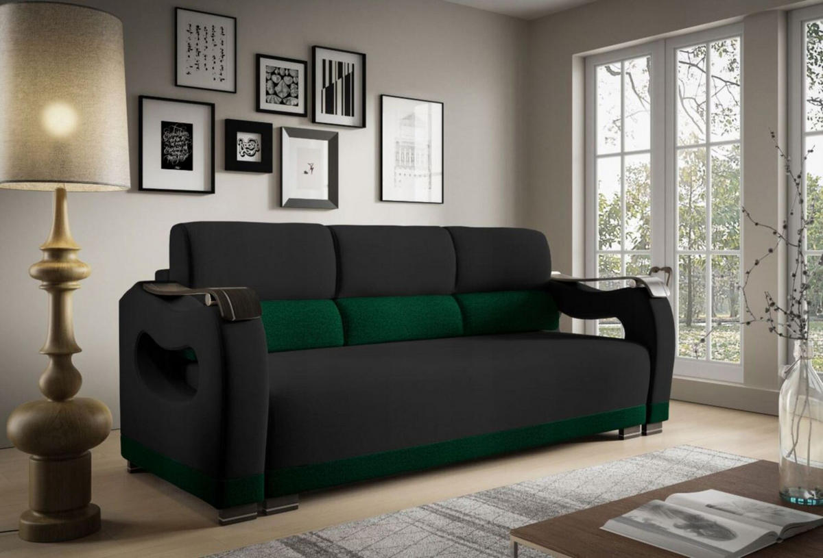 SCHLAFSOFA - Bettsofa Muscari II - Schwarz + Grün (Loca 23 + Loca 15) - Schwarz, Holz (227/90/92cm) - Möblo