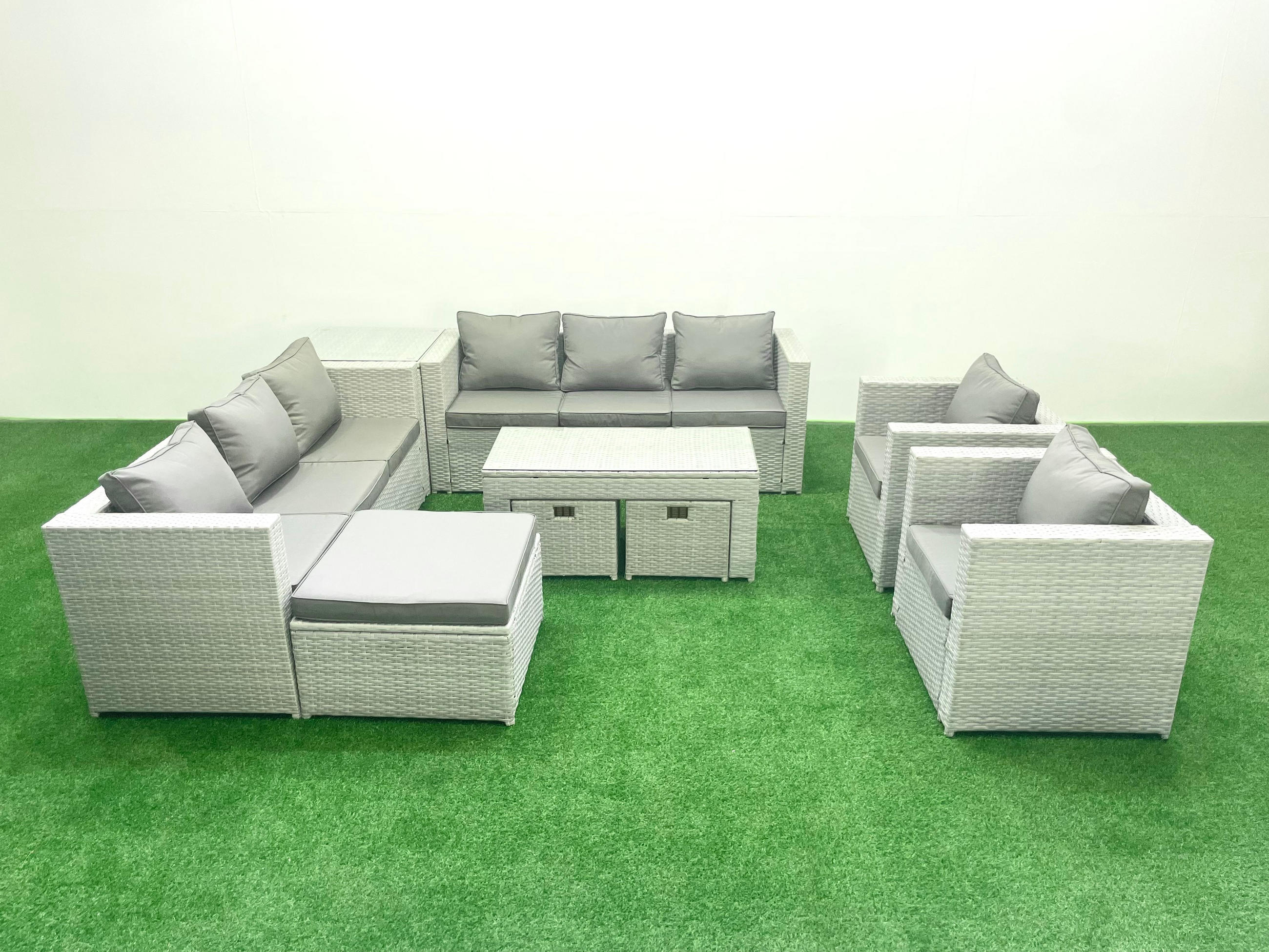 GARTENSOFA hohe Rückenlehne Polyrattan Hellgrau-Mix 11-Sitzer - Hellgrau/Grau, Glas/Kunststoff - Fimous