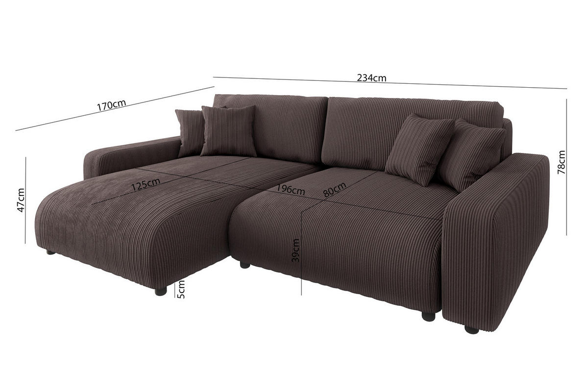 ECKSOFA Emma Dunkelbraun Cord - Ottomane links - Dunkelbraun, Textil (234/170cm) - S-Style Möbel