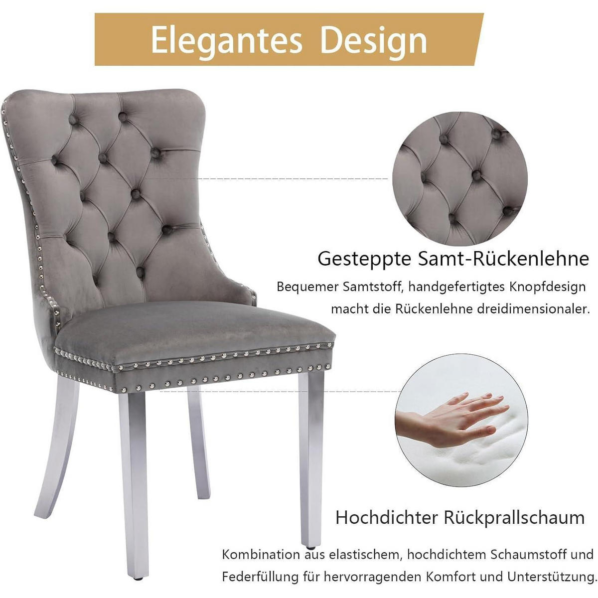 ESSZIMMERSTÜHLE 8er Set Grau Samt mit Edelstahlbeinen - Grau, Textil (50/95.2/62cm)