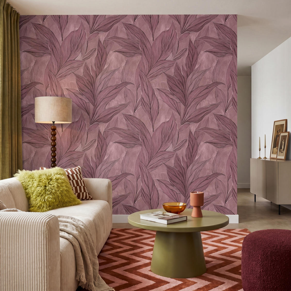 TAPETE - Blätter - Muster - Lila - 240x240 cm - Altrosa, Papier (240/240cm) - OnlyWow