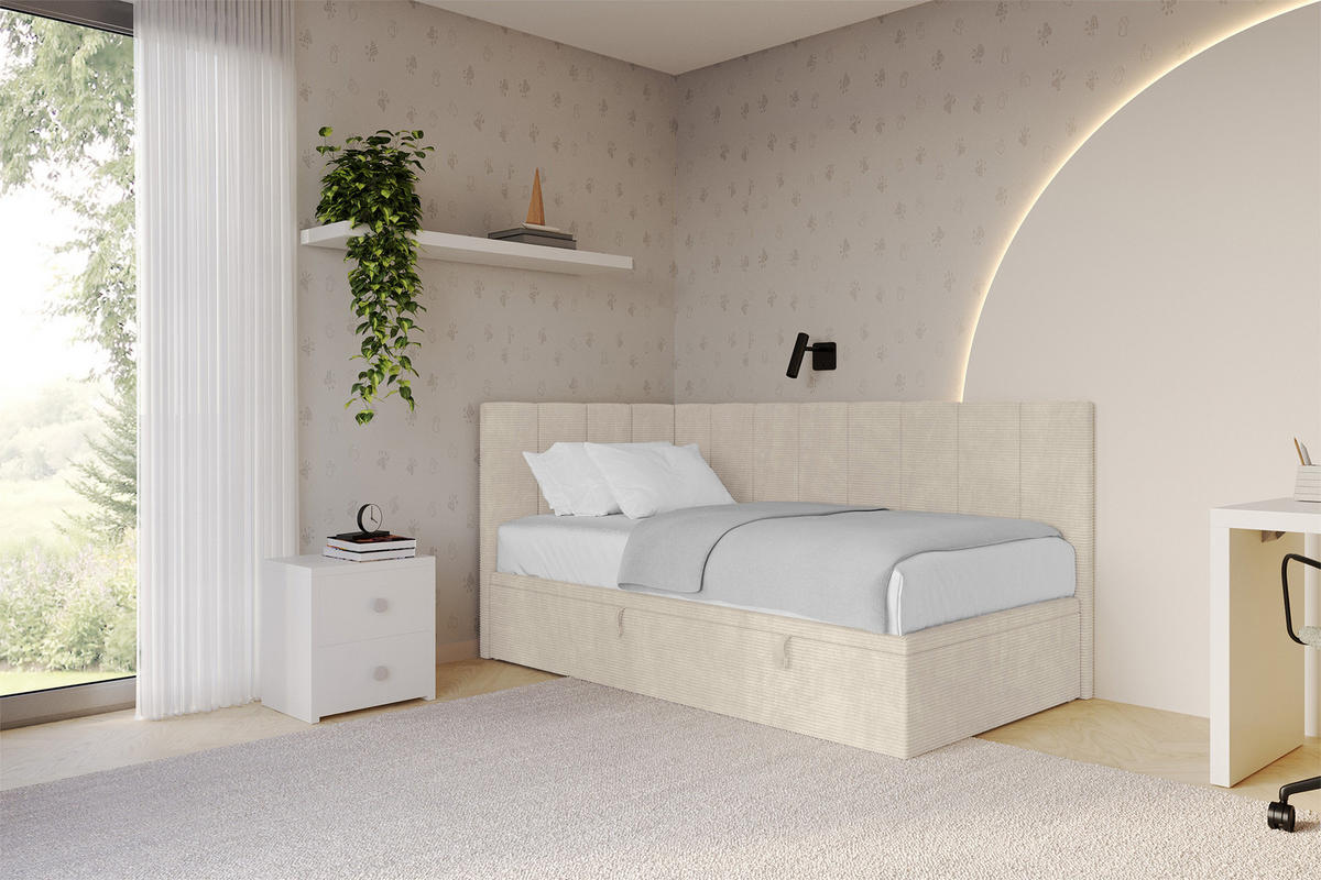 EINZELBETT Jugendbett mit Bettkasten Rechts, ohne Matratze - LOVY 90x200 Beige - Sandfarben, Holzwerkstoff/Textil (90/200cm) - ALTDECOR
