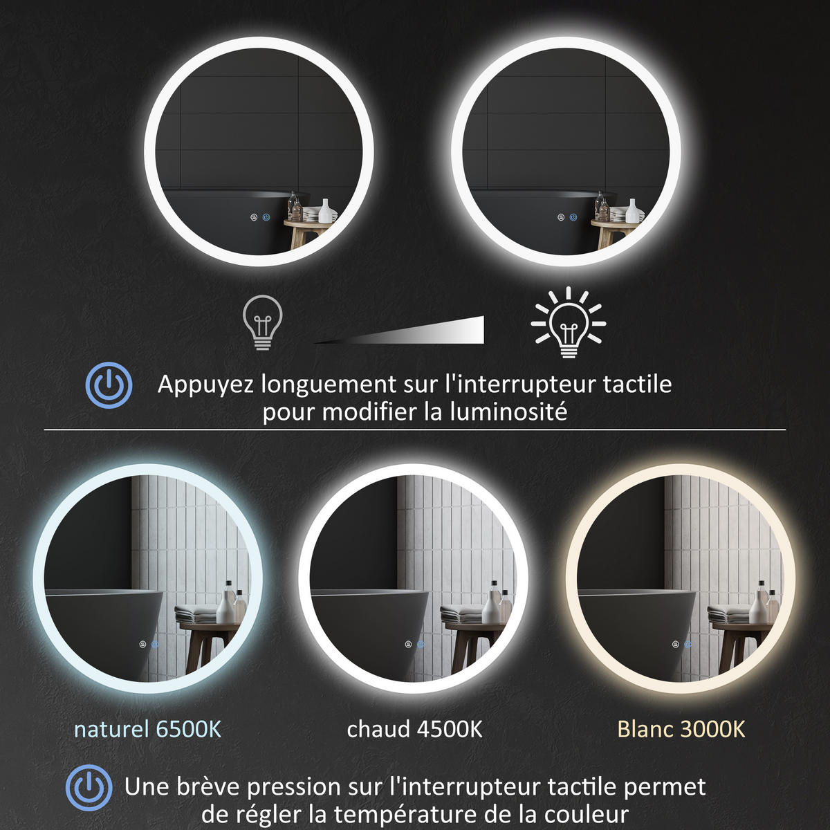 BADEZIMMERSPIEGEL DE-15127 mit 3 LED-Farben und dimmbarer Helligkeit Grau - Silberfarben, Glas (60/3/60cm) - ComfortXL