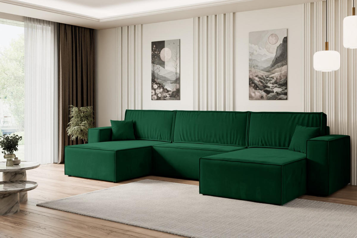 WOHNLANDSCHAFT mit Schlaffunktion und Bettkasten CELTIC-XLU - 377x143x83 cm Grün Velours - Schwarz/Grün, Holzwerkstoff/Kunststoff (377/83/143cm) - ALTDECOR