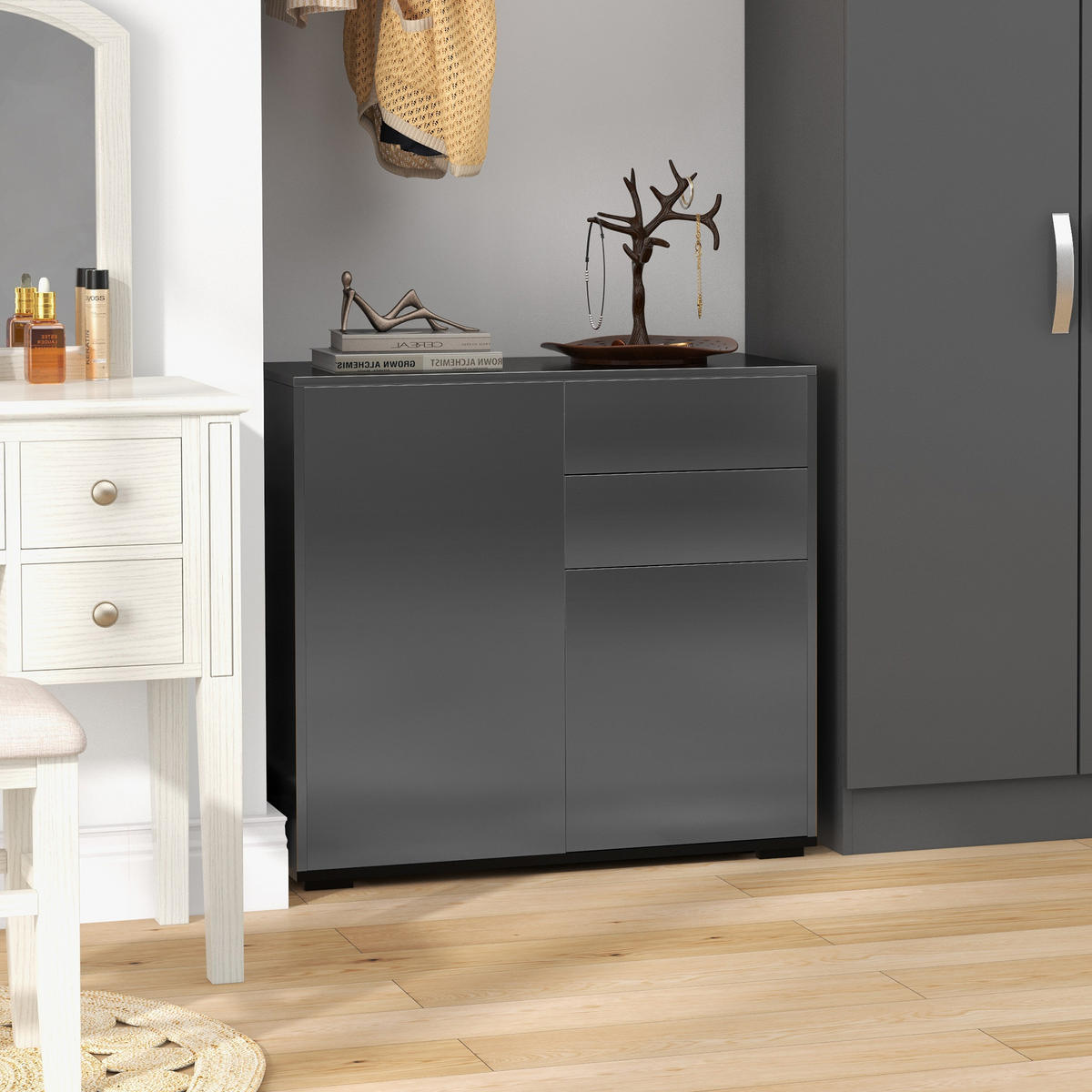 SIDEBOARD DE-11109 2 Schubladen Schwarz Hochglanz - Schwarz, Holzwerkstoff (79/74/36cm) - ComfortXL