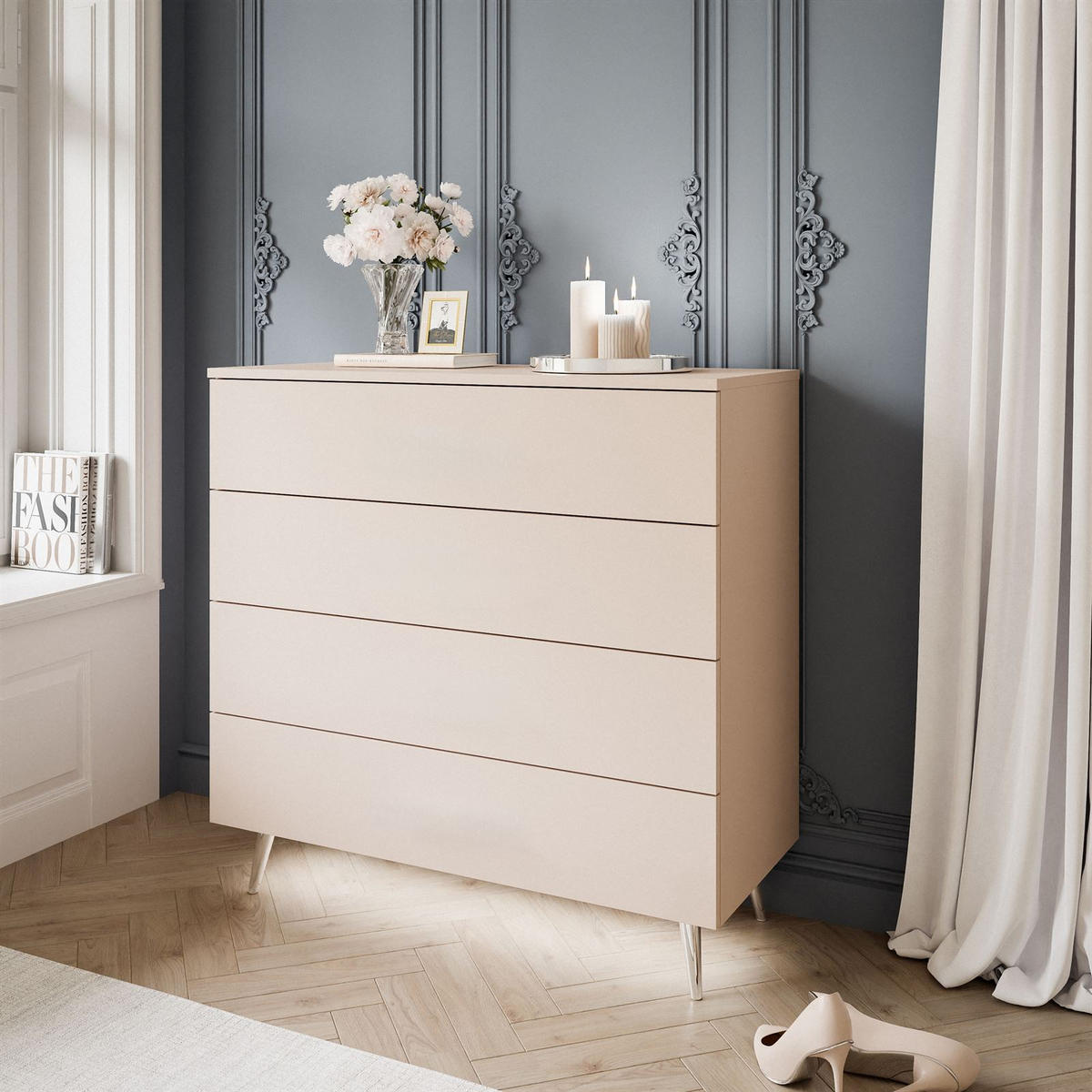 KOMMODE AURA KASCHMIR 4S mit Schubladen Silberne Beine - Kaschmir/Silberfarben, Holzwerkstoff (95/90/40cm) - Lookway