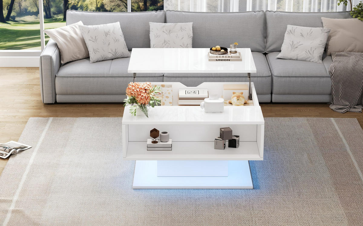 COUCHTISCH 80/75/40 cm mit Hubfunktion und LED-Beleuchtung in Weiß - Weiß, Holzwerkstoff (80/75/40cm) - Flora Grace