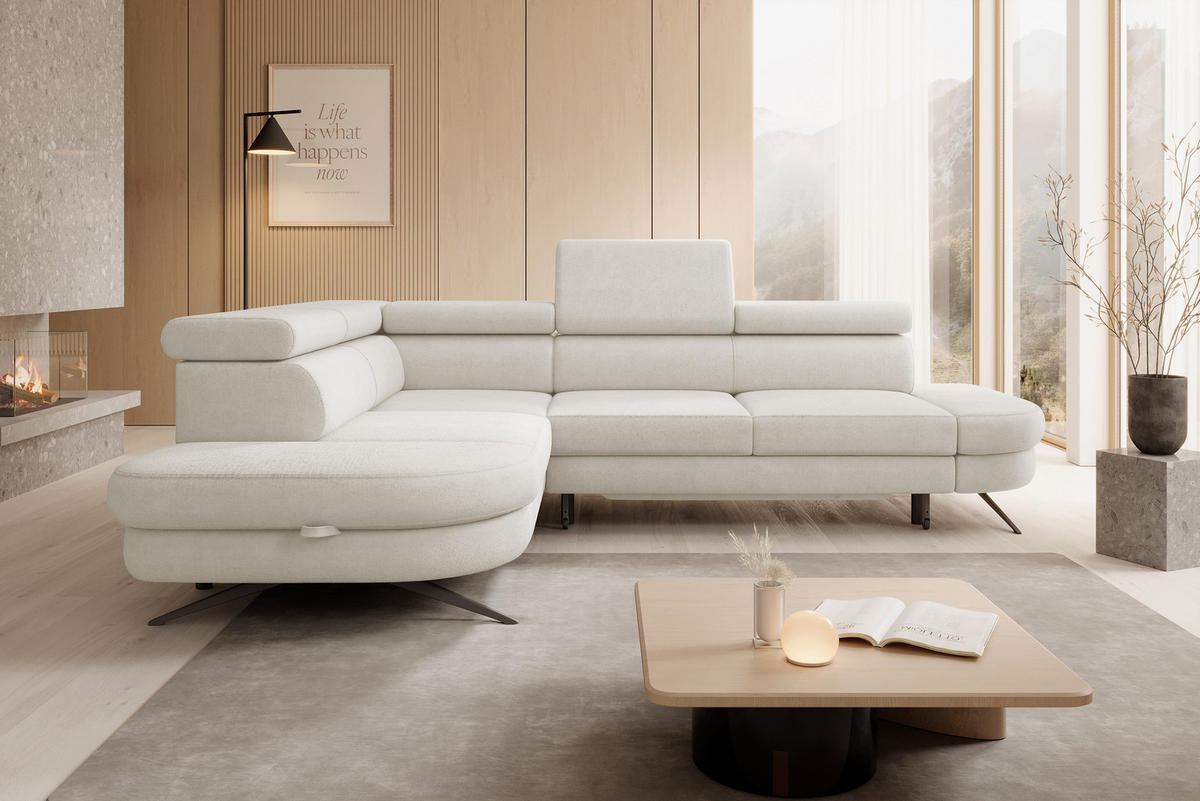 ECKSOFA OTIS L-förm, Schlaffunktion, verstellbare Kopfstützen, in AURORA-Stoff, lose Rückenkissen, freistehend, LINKS 218x276x97 cm White - Weiß, Holz/Textil (218/276cm) - DomoHome