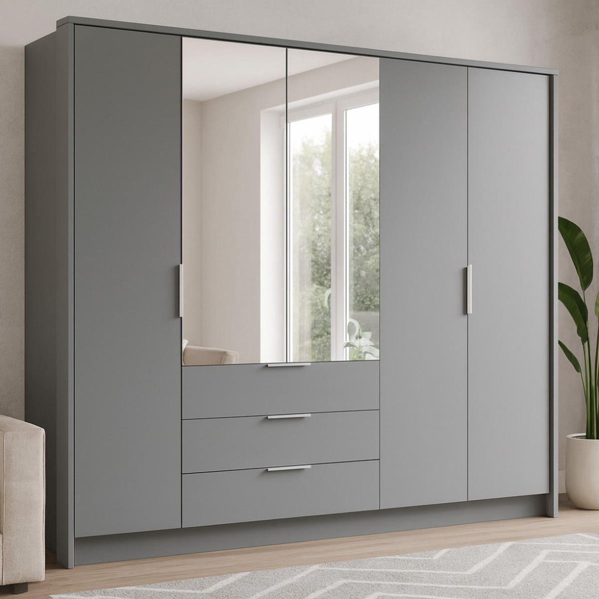 DREHTÜRENSCHRANK Timo mit 5 Türen und Spiegel, 255 cm, Graphit - Graphitfarben, Holzwerkstoff (255/217/65cm) - Beautysofa