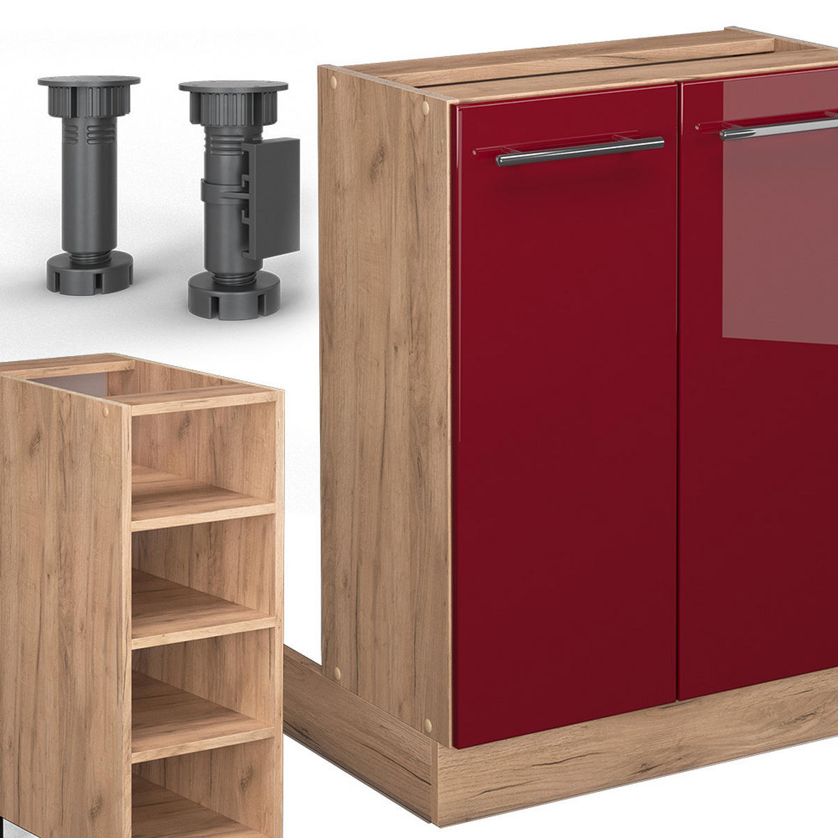 KÜCHENINSEL Fame-Line Bordeaux Hochglanz/Goldkraft Eiche 90 cm ohne AP - Honigeiche/Bordeaux, Holzwerkstoff (90/82/82cm) - Vicco