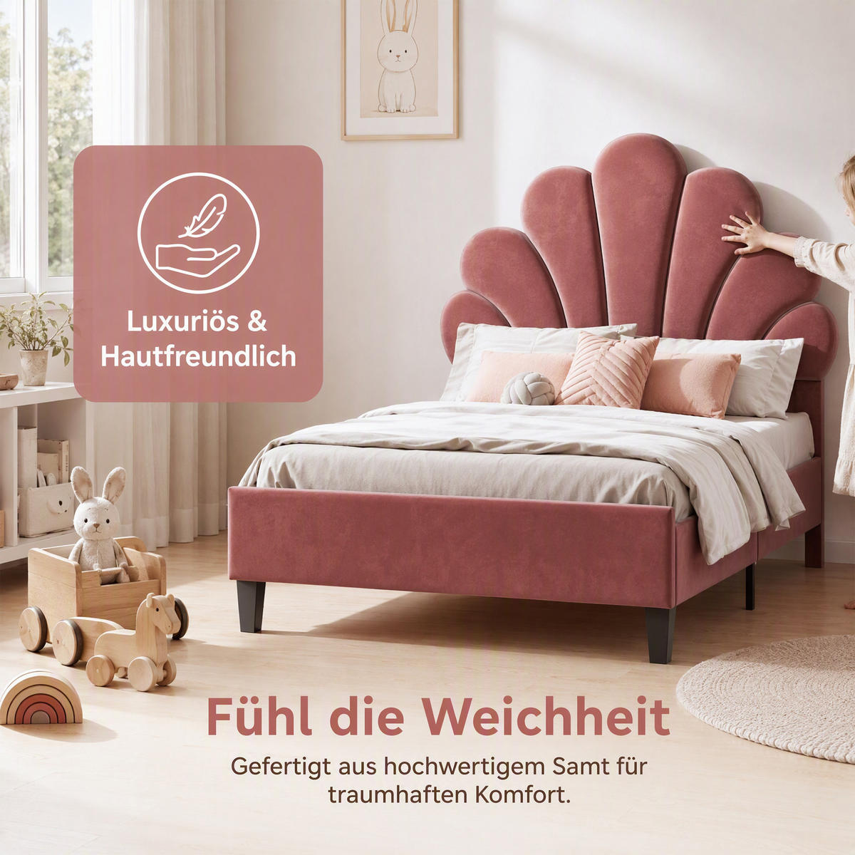KINDERBETT 90x200 mit Lattenrost, Blütenblatt-Kopfteil, höhenverstellbar, Weinrot - Weinrot, Holz/Textil (90/200cm) - GENKI LIVING